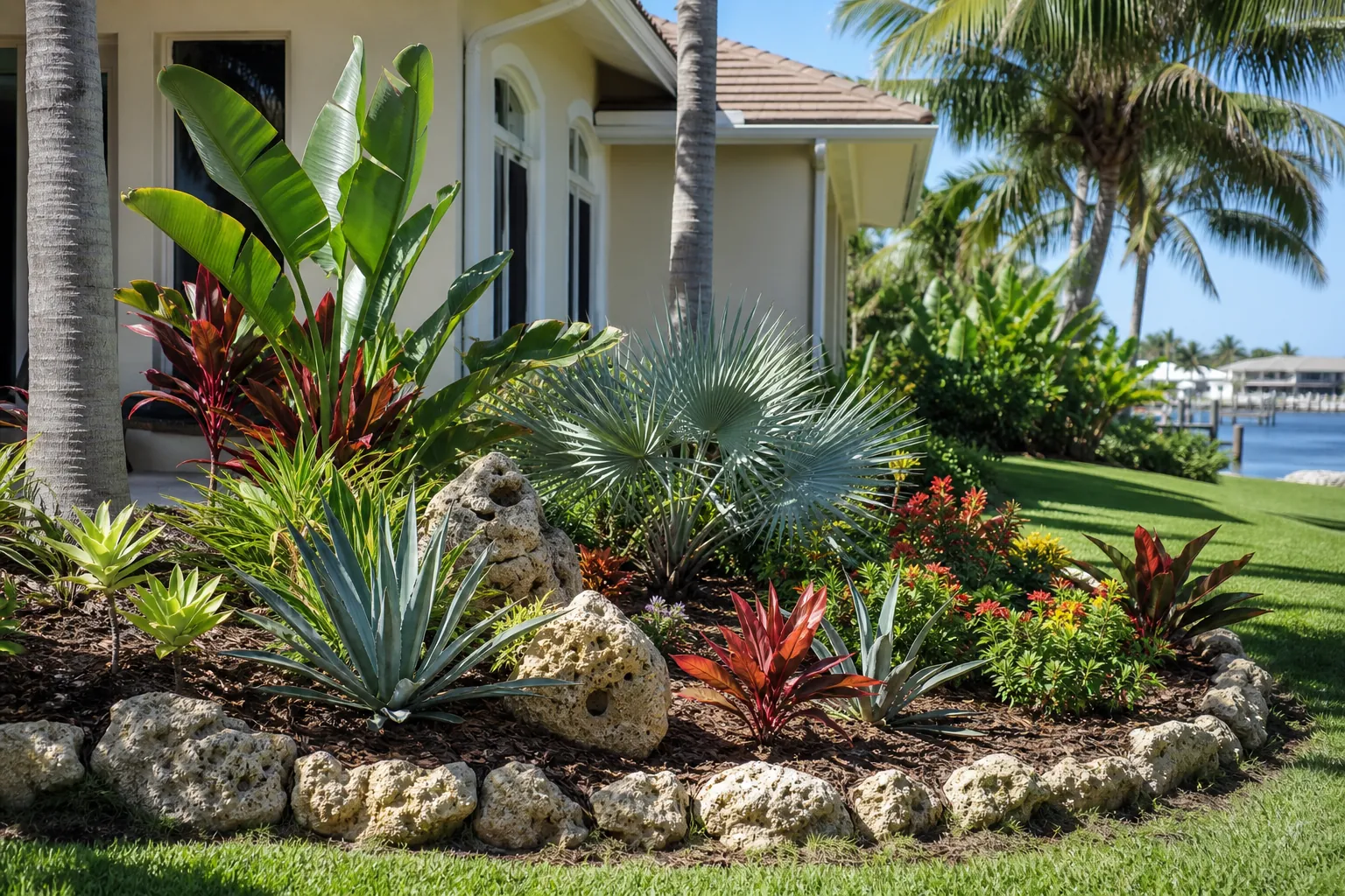 Drought-Tolerant Tropical Garden Bed in Florida Drought-tolerant tropical bed with agaves, palms, colorful foliage, mulch, and limestone beside a Florida waterfront home.