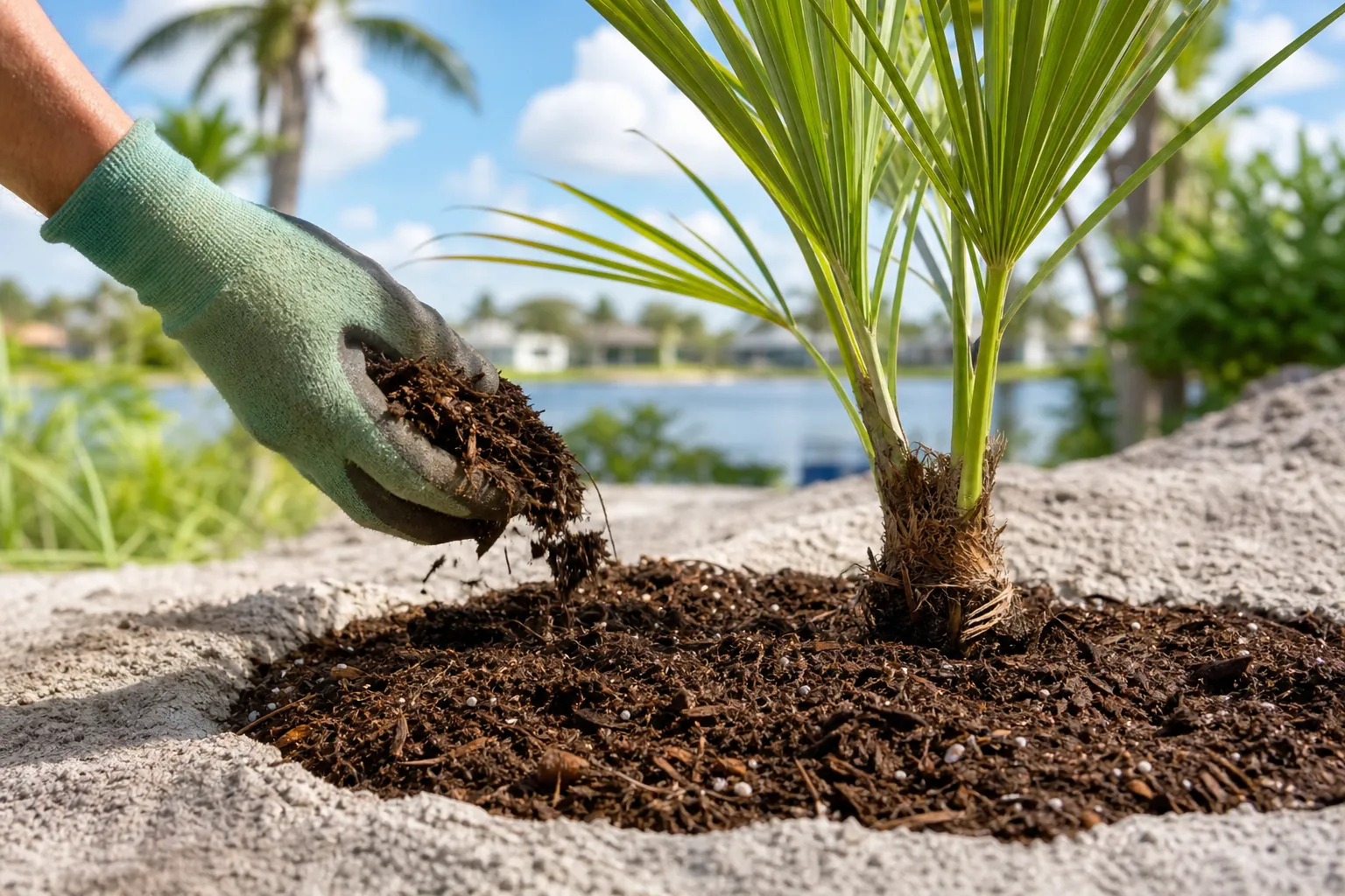 Adding Organic Matter Around a Palm in Sandy Florida Soil A gloved hand spreads dark organic matter around a young palm planted in sandy Florida soil beside a lake.