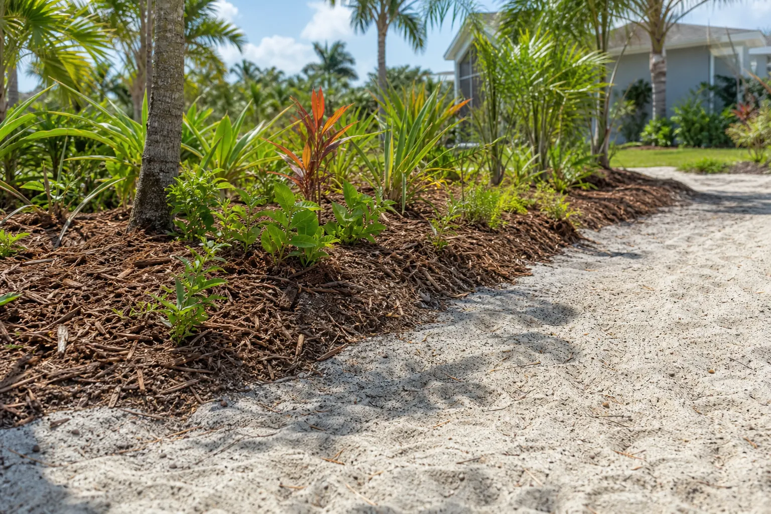 Mulched Florida Garden Beds Along a Sandy Path Mulched tropical garden beds beside a sandy path in a sunny Florida residential landscape.