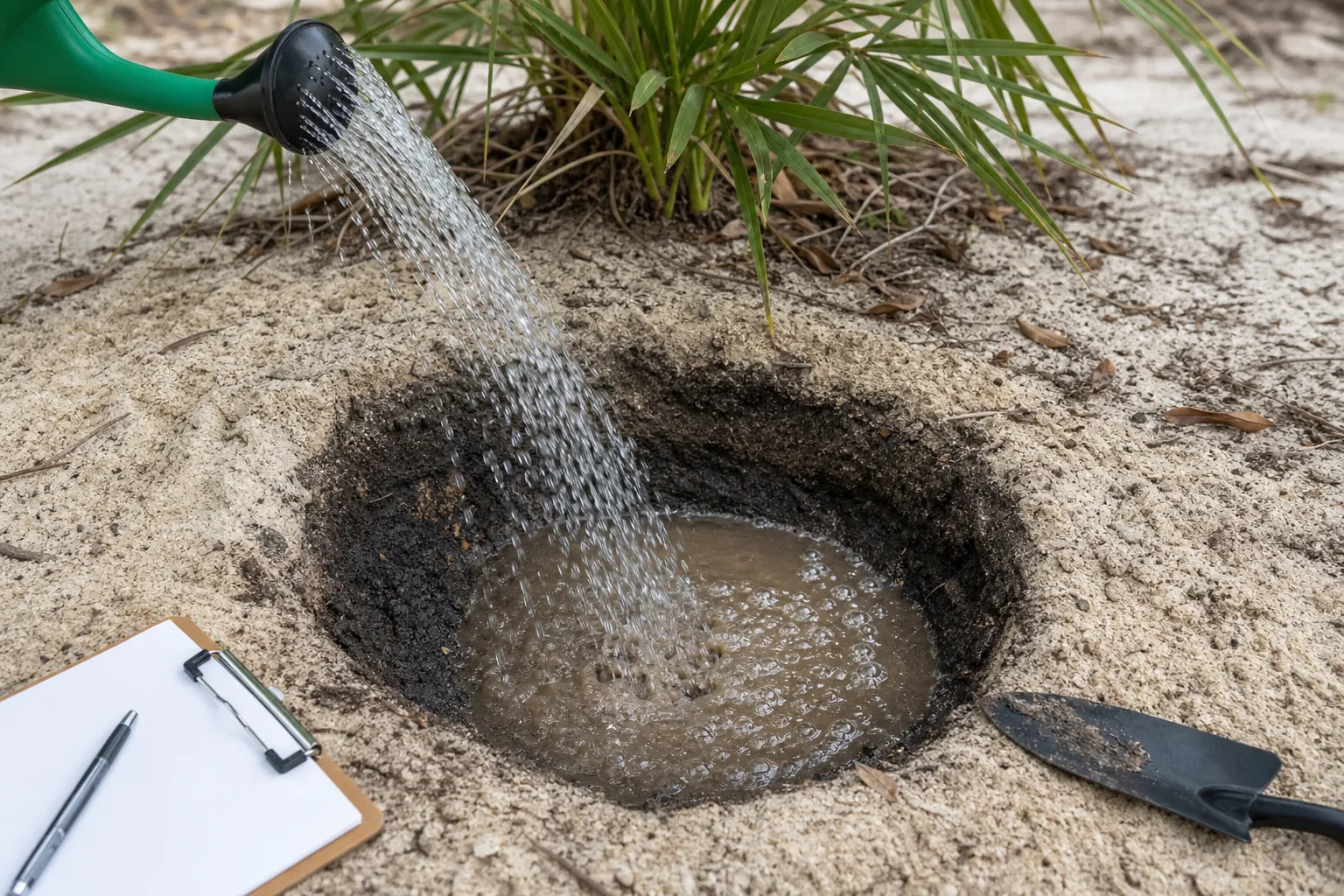 Testing Water Movement Through Sandy Florida Soil Water pours from a watering can into a test hole in sandy soil beside a trowel and clipboard.
