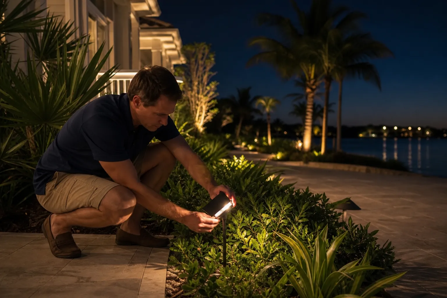 Adjusting a Shielded Landscape Light in a Coastal Yard A man adjusts a shielded landscape light concealed among shrubs beside a waterfront patio with palm trees at night.