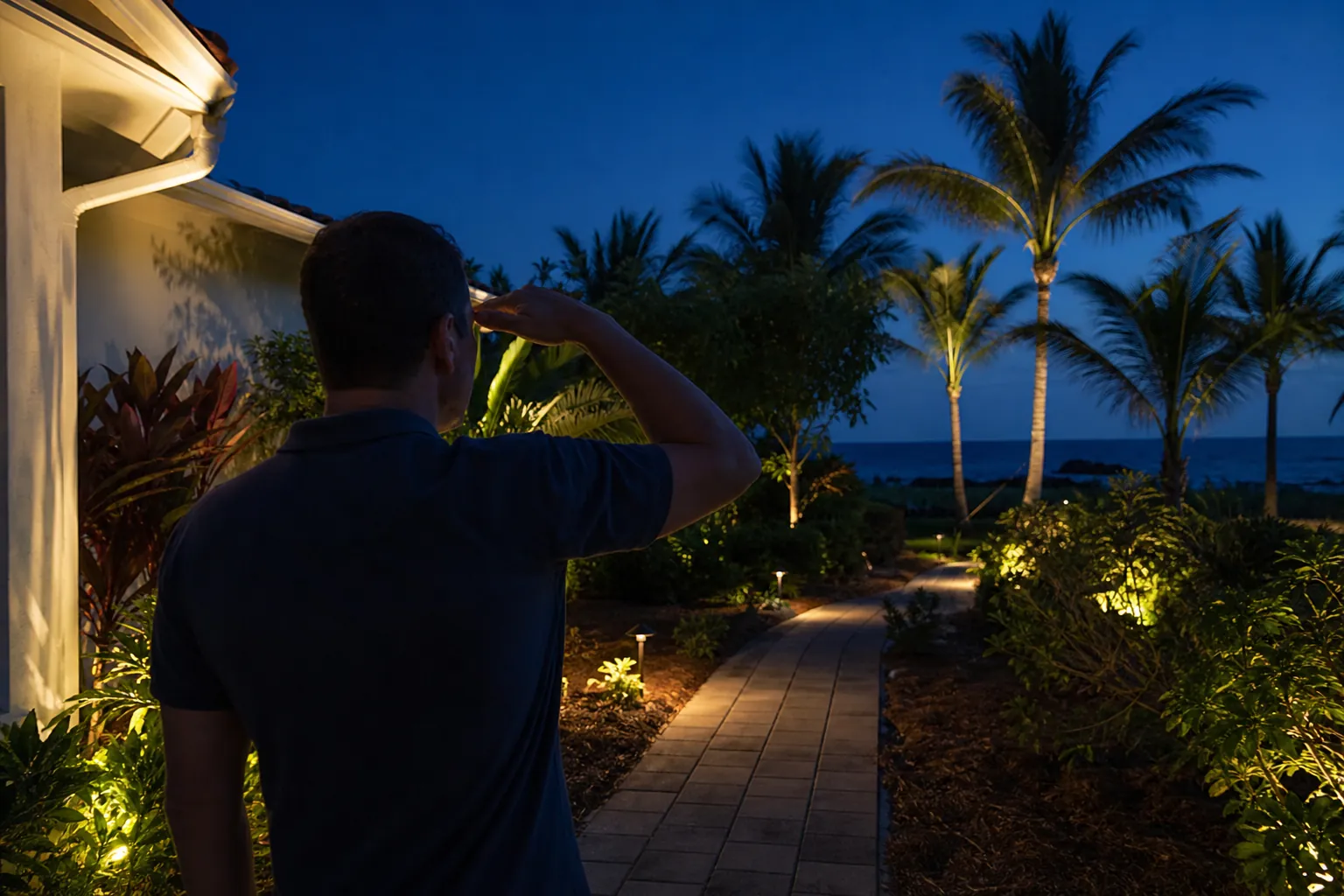 Identifying Landscape Lighting Glare in a Coastal Yard A man shields his eyes while inspecting bright landscape lights along a tropical coastal garden path at dusk.
