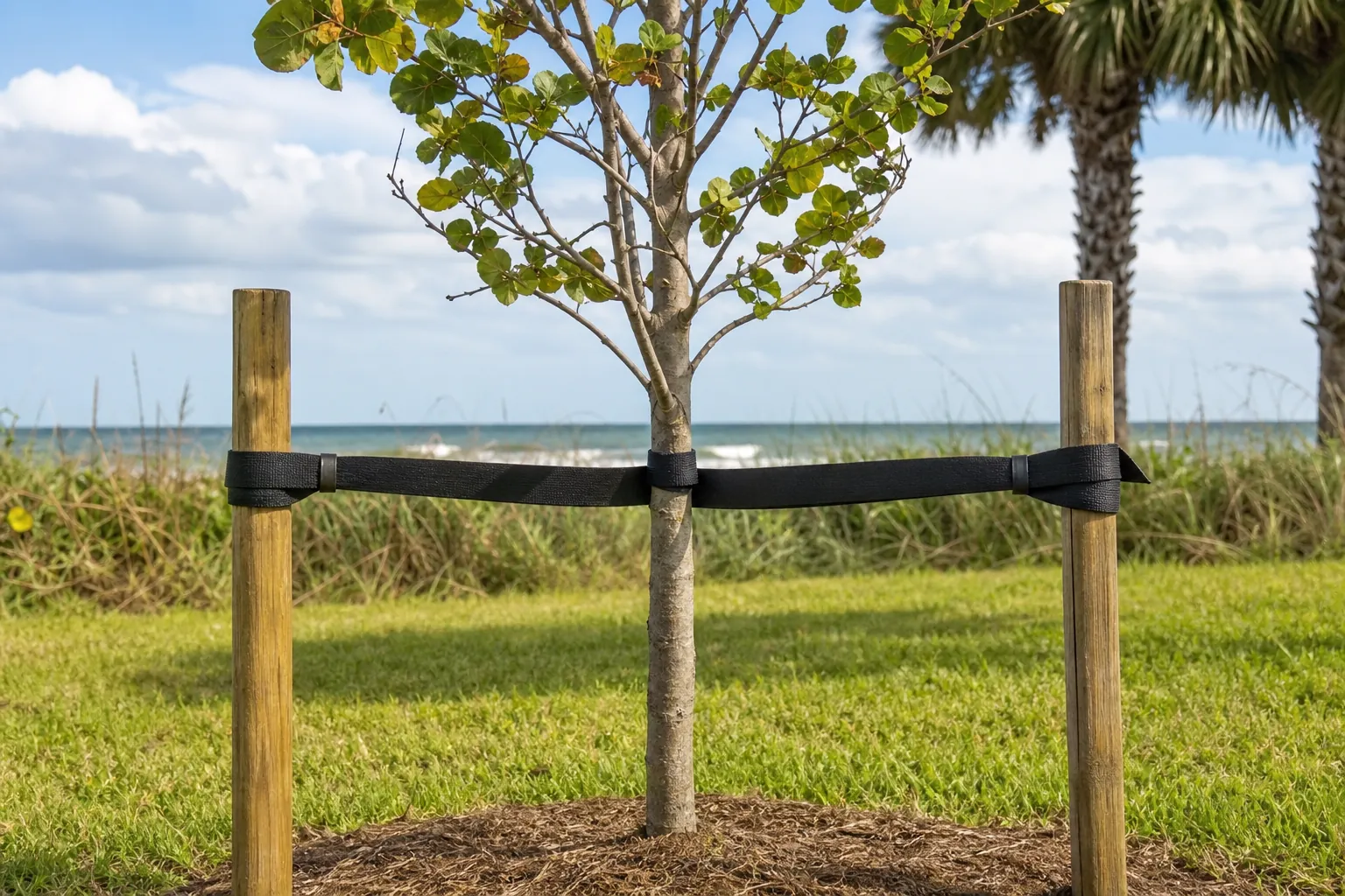 Young Coastal Tree Supported by Broad Flexible Ties Young coastal tree secured between two wooden stakes with broad black ties beside a beach in Florida.