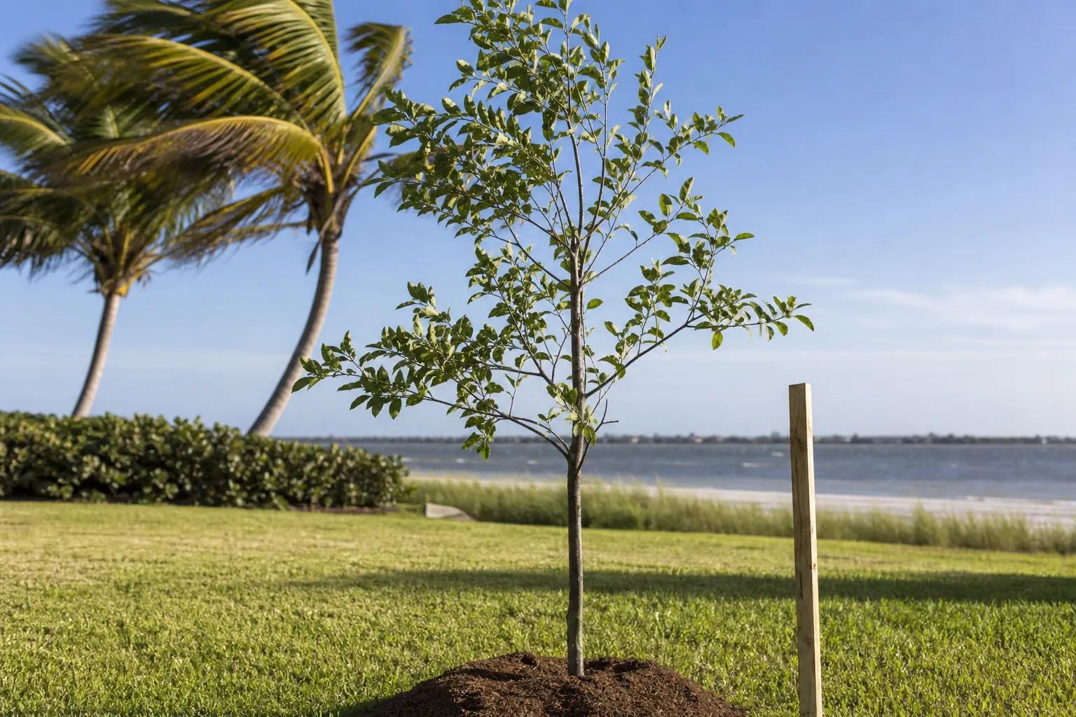 New Tree and Stake on a Windy Coastal Lawn Newly planted tree beside a wooden stake on a coastal lawn, with windblown palms and water in the background.