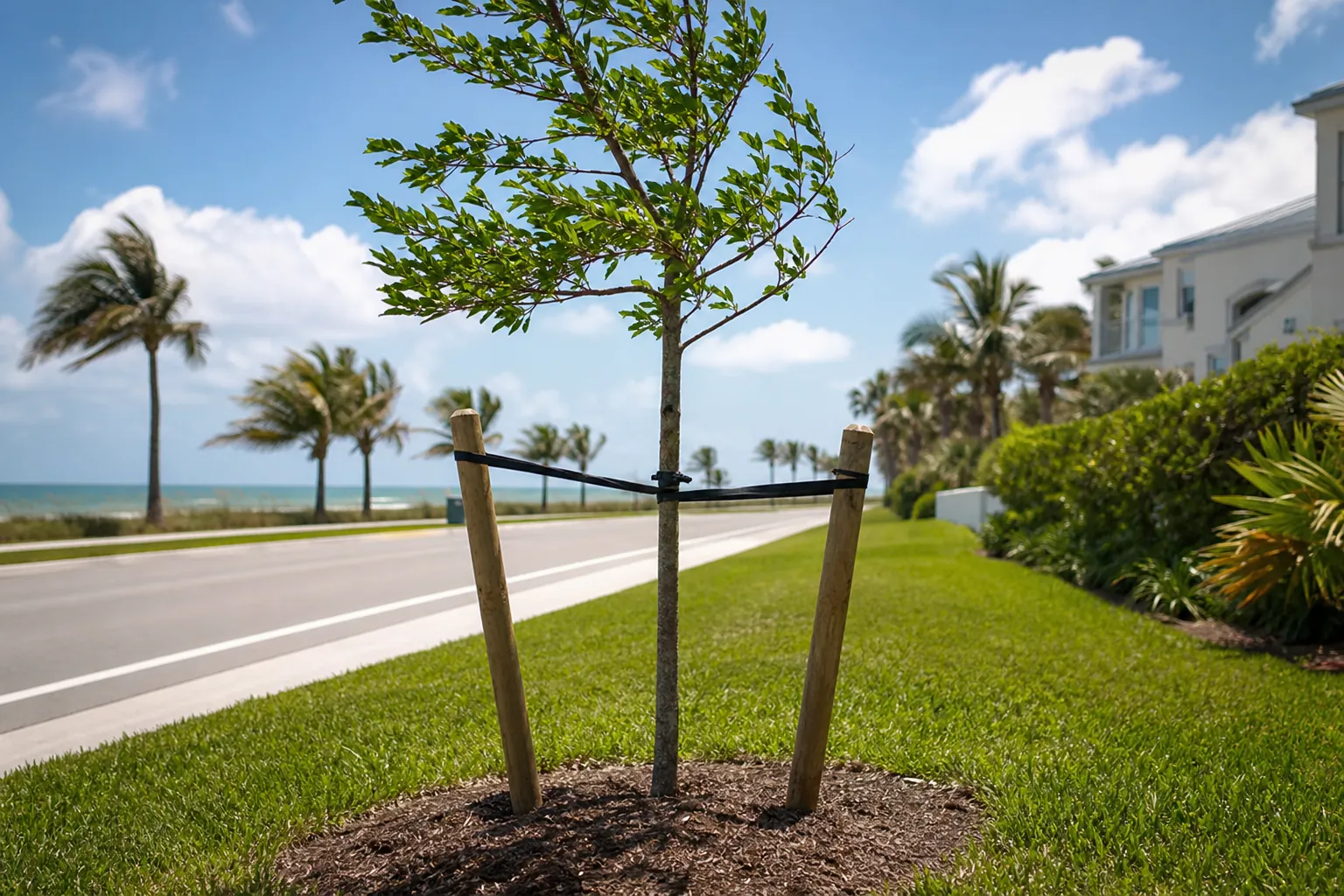 Newly Planted Tree Staked Along a Windy Coastal Road Newly planted tree secured to two wooden stakes beside a windy coastal road lined with palm trees.