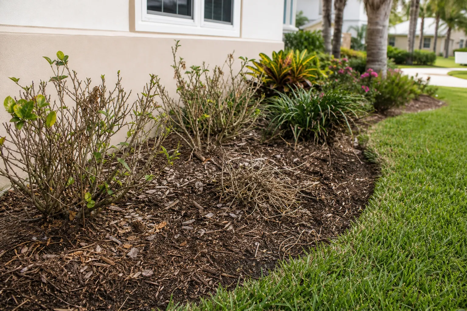 Sparse Shrubs and Bare Mulch in a Landscape Bed Sparse, woody shrubs and bare patches of mulch in a neglected landscape bed beside a St. Augustine home.