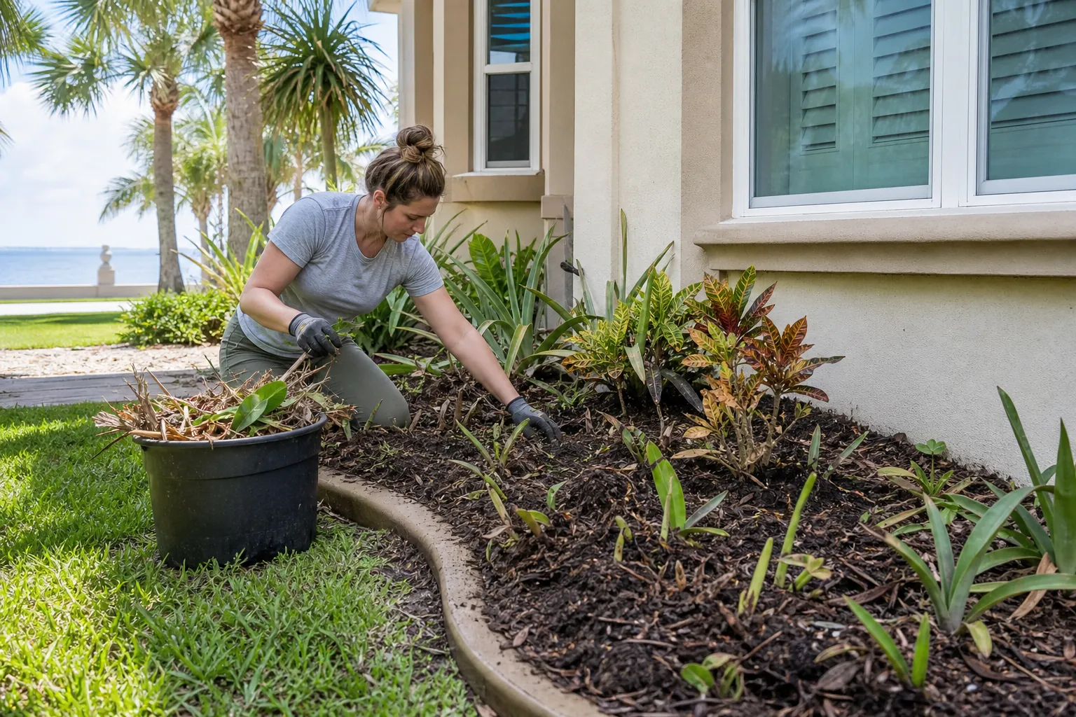 Clearing a Curved Landscape Bed Beside a Florida Home A woman wearing gloves clears dead plants from a curved landscape bed beside a coastal Florida home.
