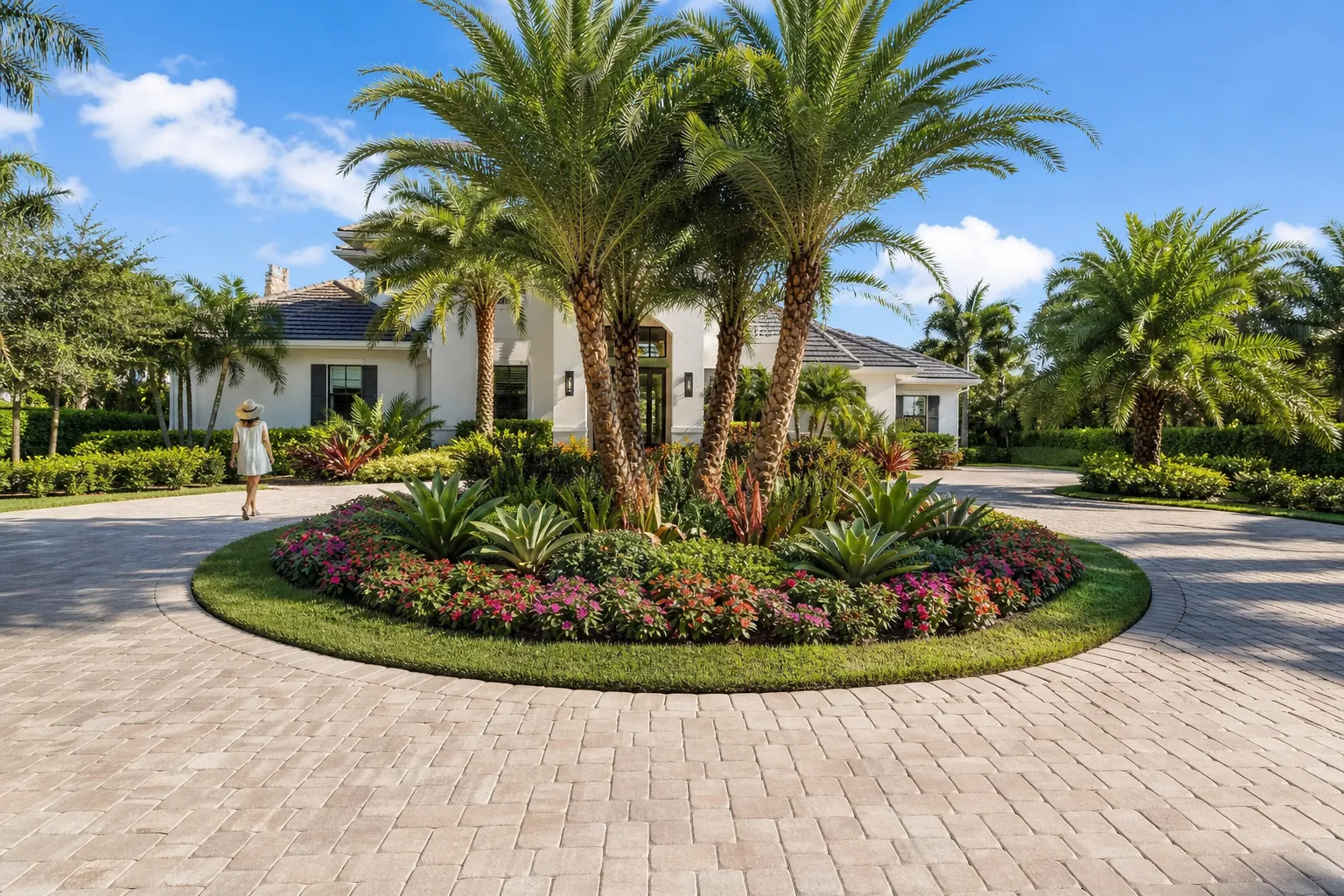 Landscaped Center Island in a Florida Circular Driveway Palm trees, flowering plants, and trimmed grass fill the center island of a circular paver driveway at a Florida home.