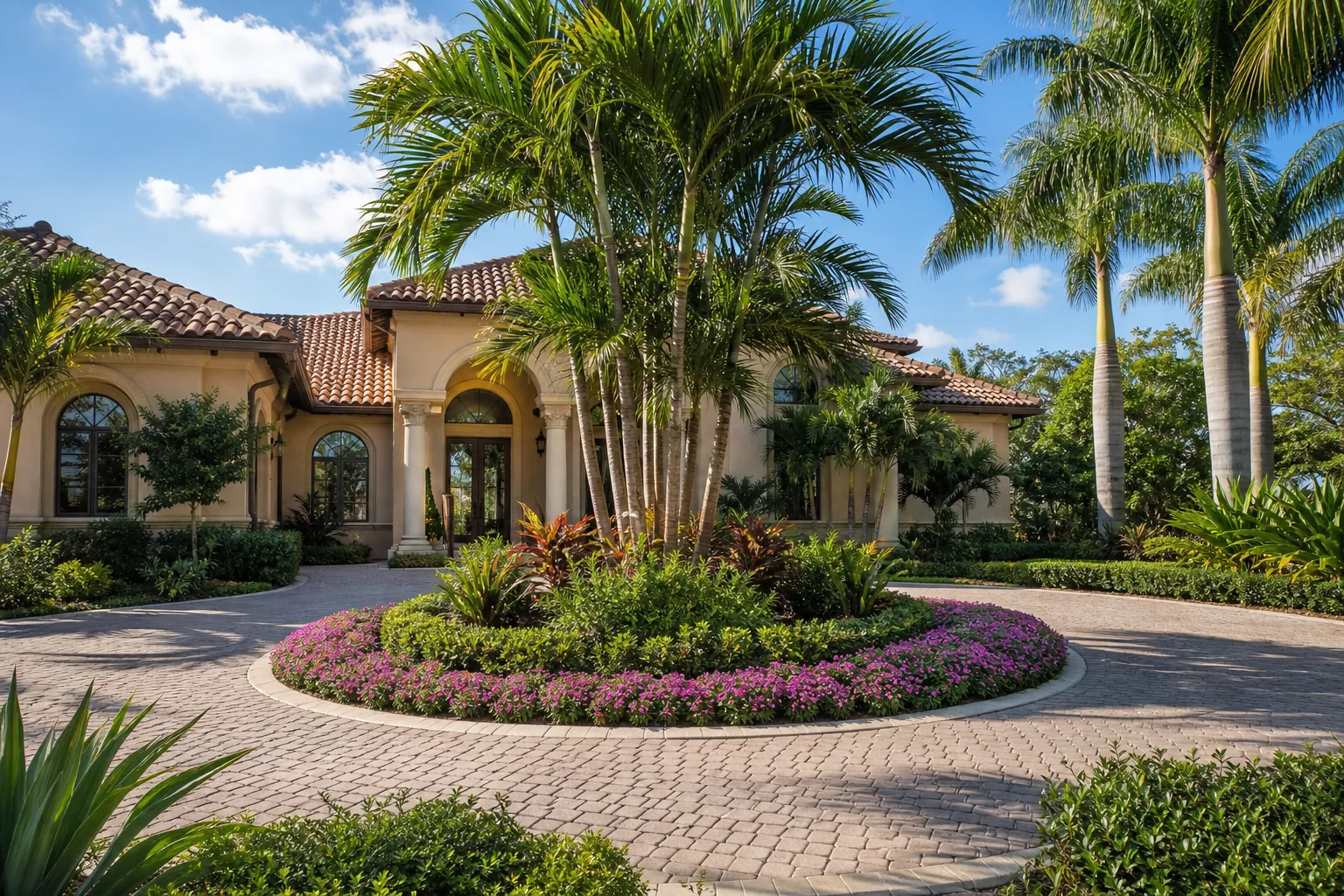 Florida Circular Driveway with Tropical Landscaping Circular paver driveway around a flower-filled palm island in front of a Mediterranean-style Florida home.
