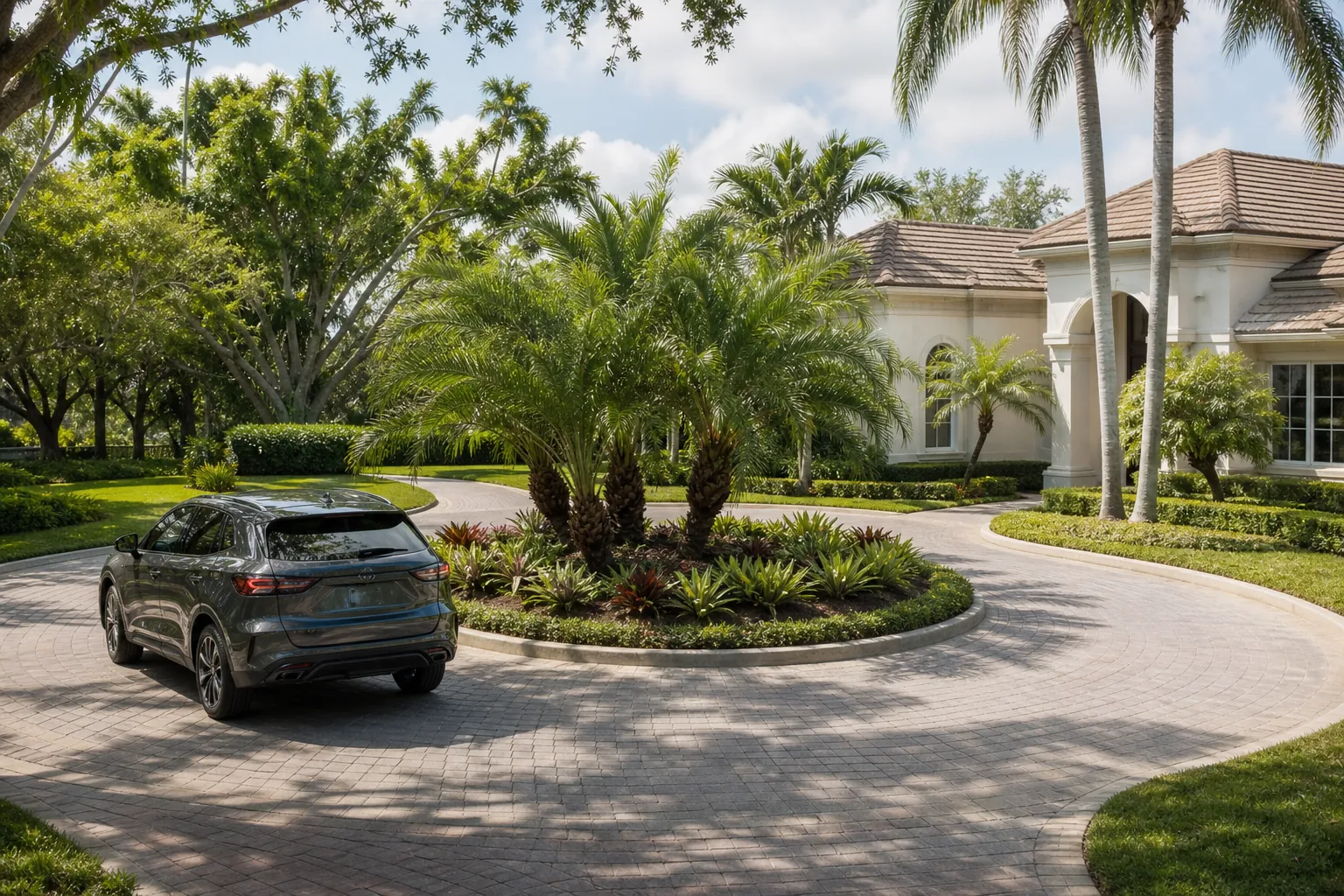 SUV on a Landscaped Circular Driveway in Florida Gray SUV follows a wide circular paver driveway around a palm-filled island at a landscaped Florida home.