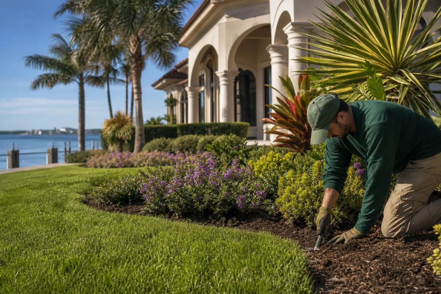 Landscaper Tending a Waterfront St. Augustine Property Landscaper tending a mulched flower bed beside a lush lawn, palm trees, and a waterfront St. Augustine home.