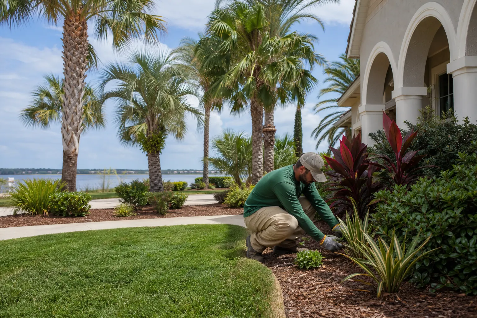 Landscaper Maintaining a Waterfront Property Garden Landscaper tending a mulched garden bed beside a manicured lawn, palm trees, waterfront, and stucco home.