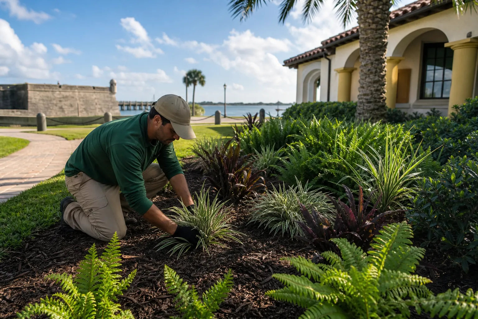 Landscaper Caring for a St. Augustine Garden Landscaper tending a mulched garden bed with ferns and tropical plants beside a waterfront property in St. Augustine.