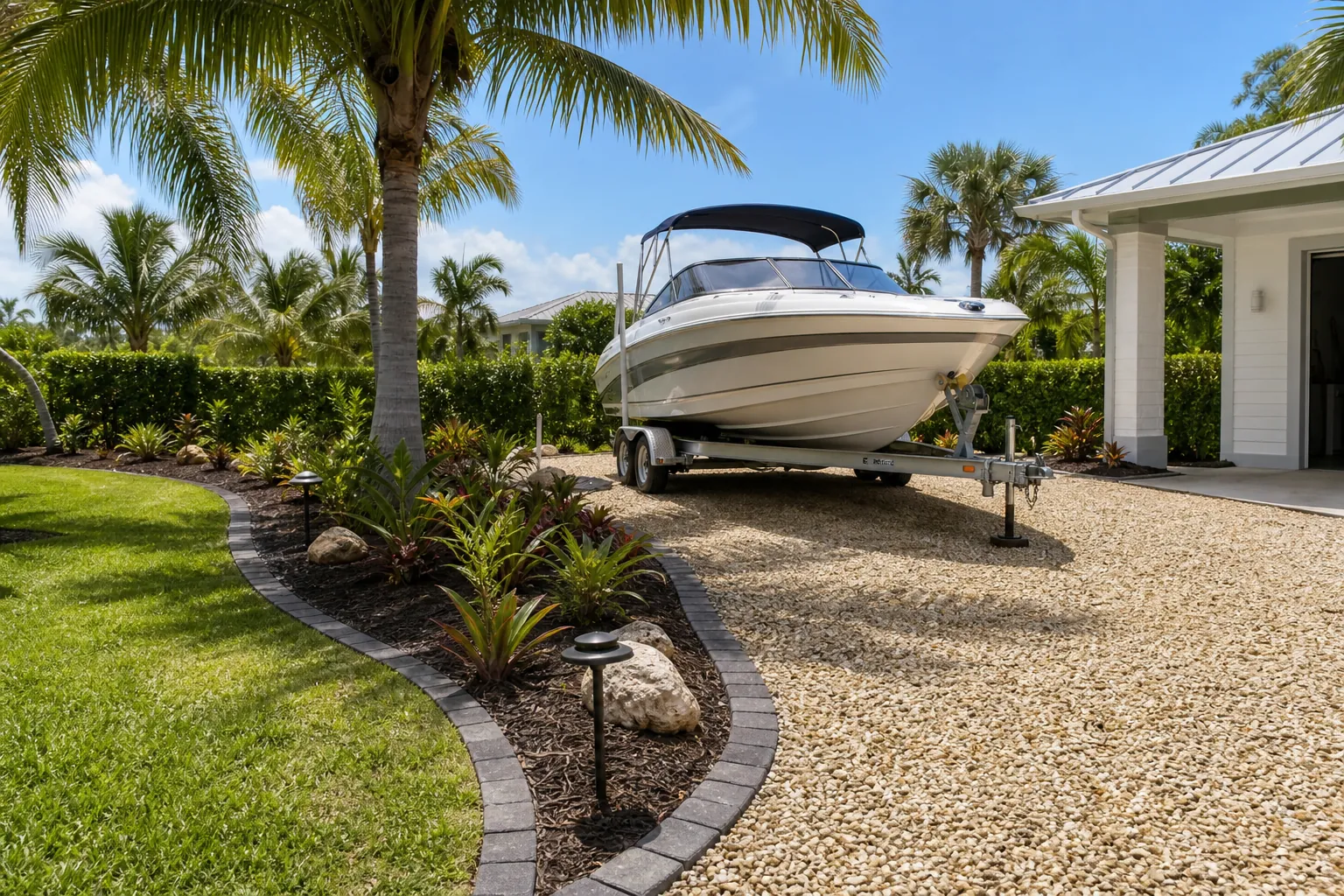 Boat Parking on a Landscaped Gravel Driveway Boat on a trailer parked on a gravel driveway bordered by palms, lawn, and landscaped tropical garden beds.