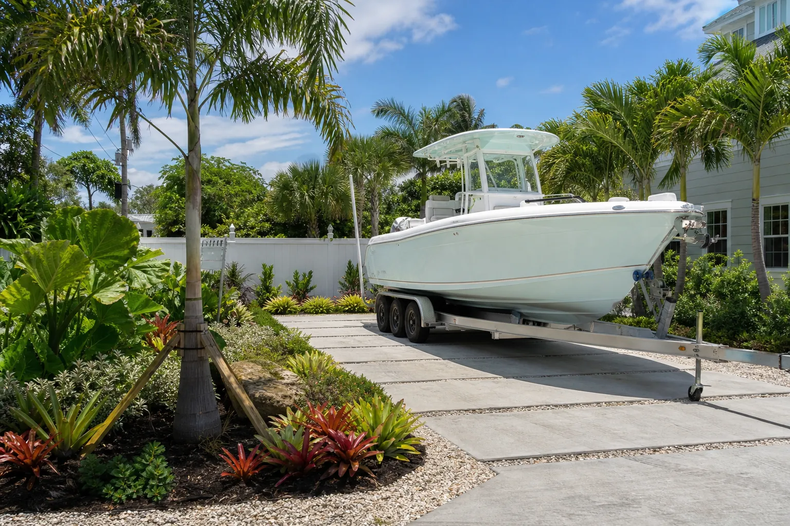 Tropical Landscaping Around Florida Boat Parking White center-console boat on a trailer beside a Florida home, surrounded by palms and colorful tropical landscaping.