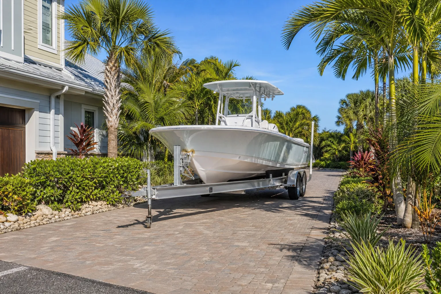 Boat Trailer Clearance in a Tropical Florida Driveway Center-console boat on a trailer parked in a wide paver driveway bordered by palms and tropical landscaping.