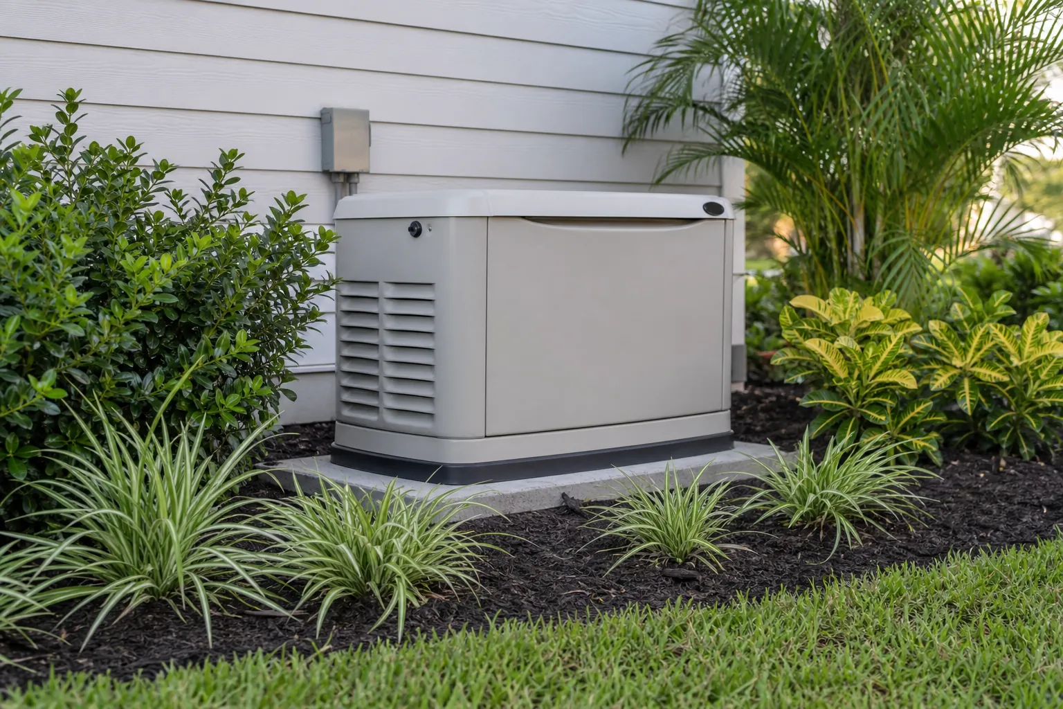 Standby Generator Surrounded by Florida Landscaping Gray standby generator beside a Florida home, surrounded by palms, shrubs, ornamental grasses, and dark mulch.