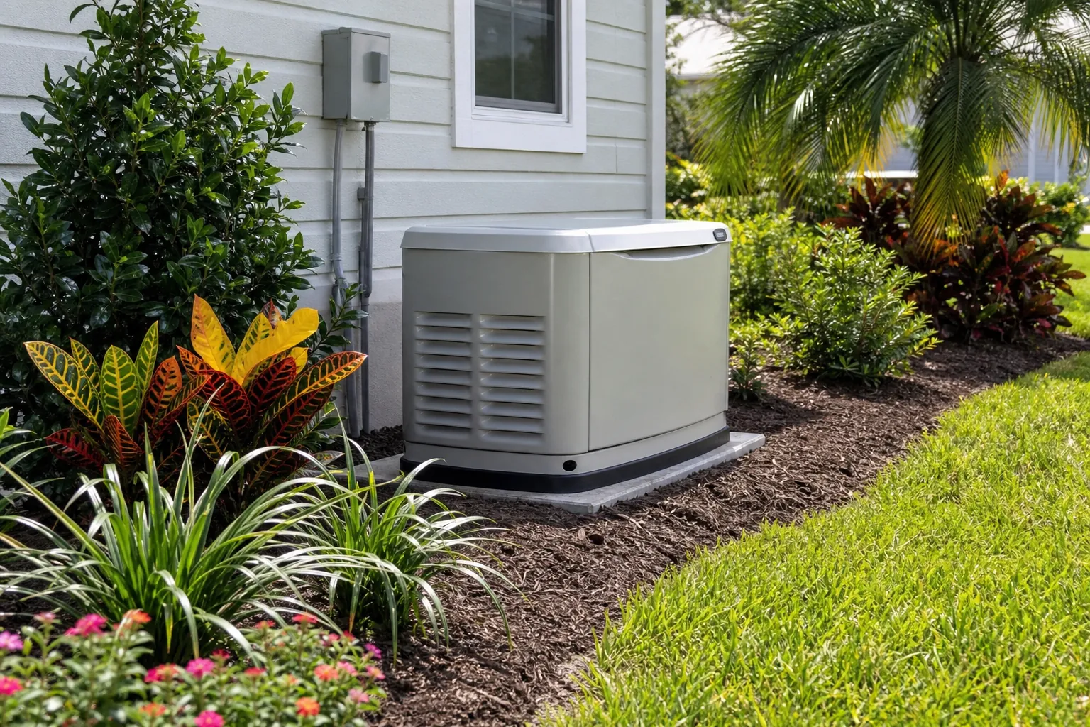 Florida landscaping around a home standby generator Standby generator beside a Florida-style home, surrounded by palms, shrubs, mulch, ornamental plants, and lawn.