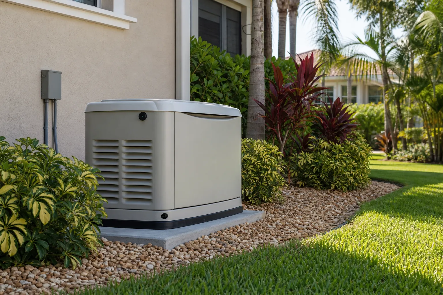 Standby Generator in a Florida Tropical Landscape Standby generator beside a Florida home, surrounded by tropical shrubs, palms, river rock, and a manicured lawn.