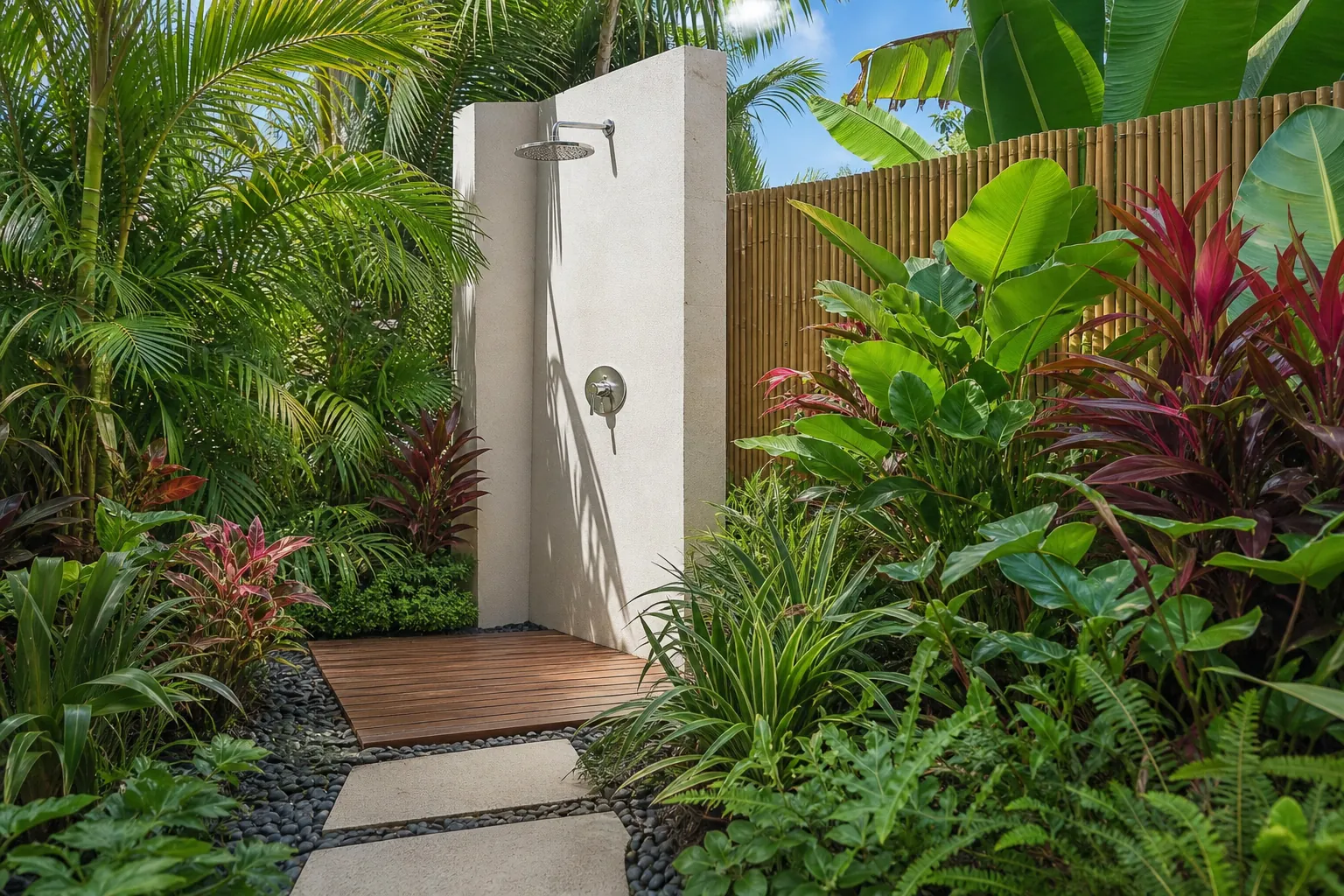 Tropical landscaping around a private outdoor shower Outdoor shower surrounded by palms, banana plants, red foliage, bamboo fencing, and a stone path.