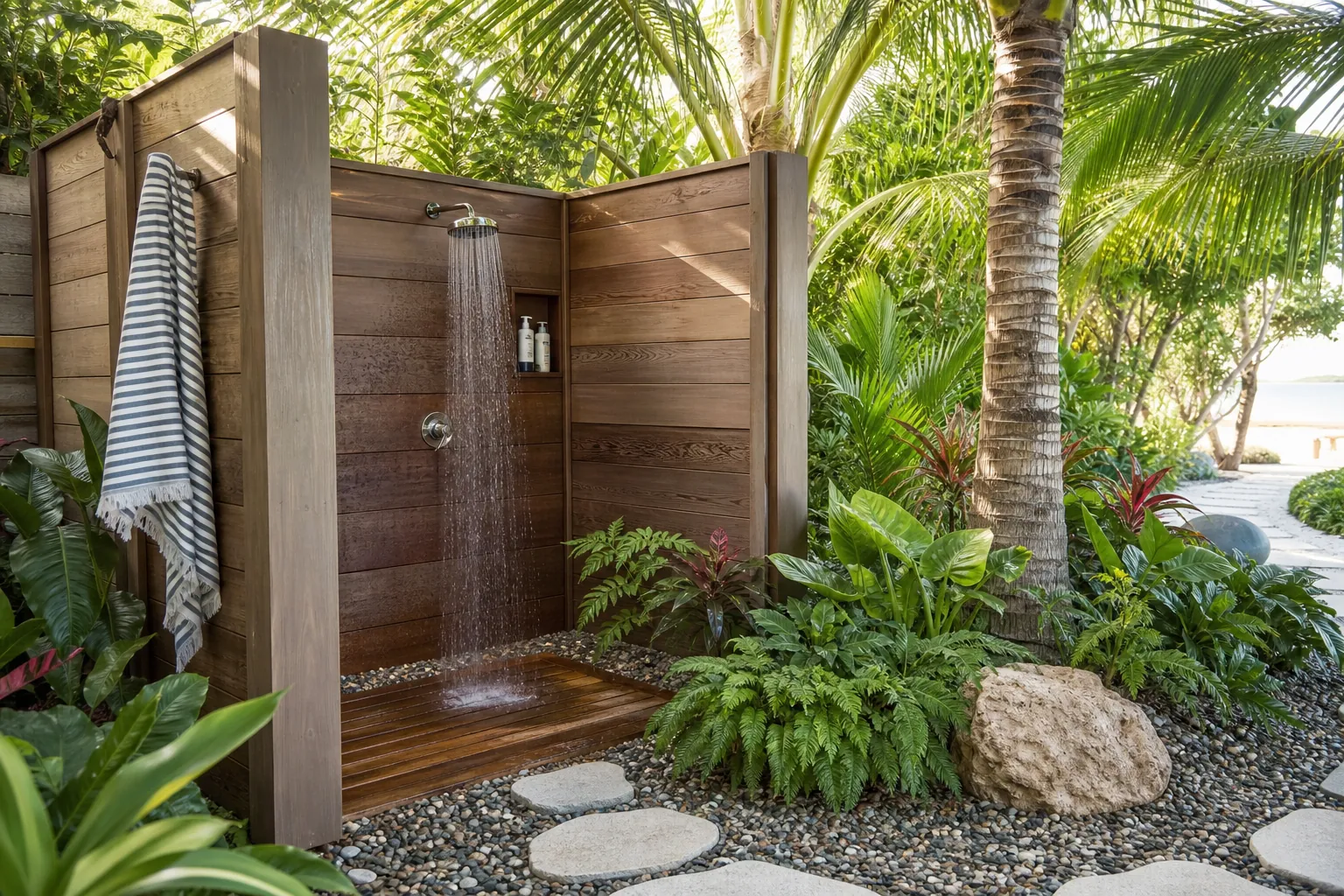 Tropical landscaping around a wooden outdoor shower Wooden outdoor shower surrounded by palms, ferns, tropical plants, river stones, and stepping stones.