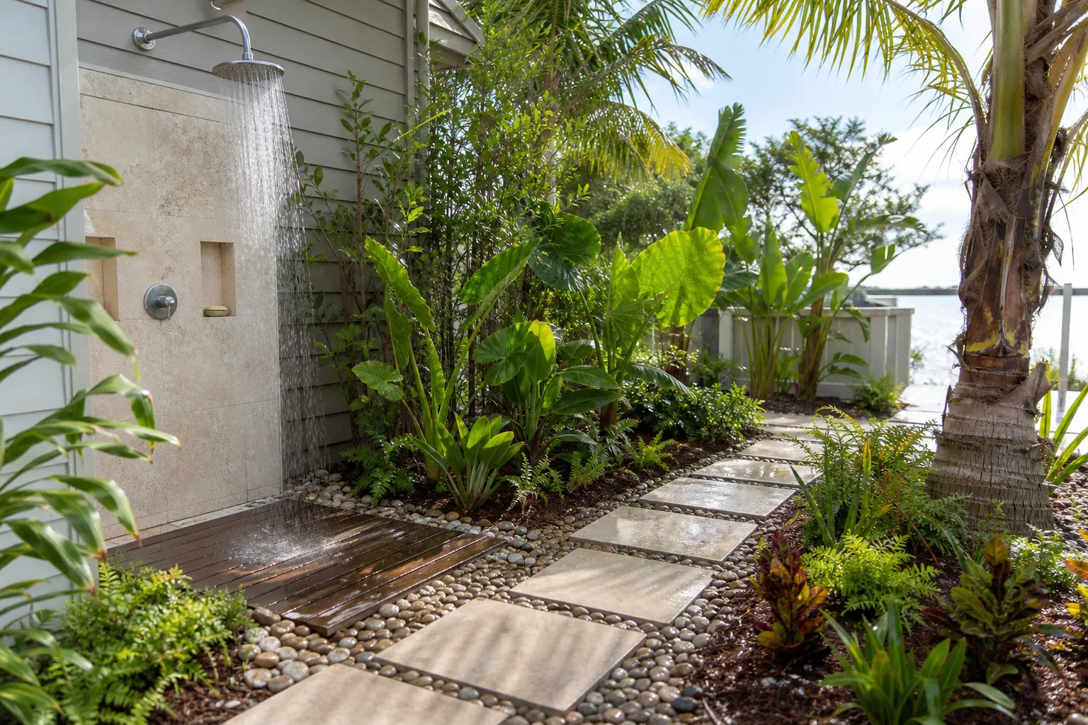 Outdoor Shower with Tropical Landscaping and Stone Drainage Outdoor shower draining onto a slatted wood platform beside river stones, pavers, palms, and lush tropical plants.