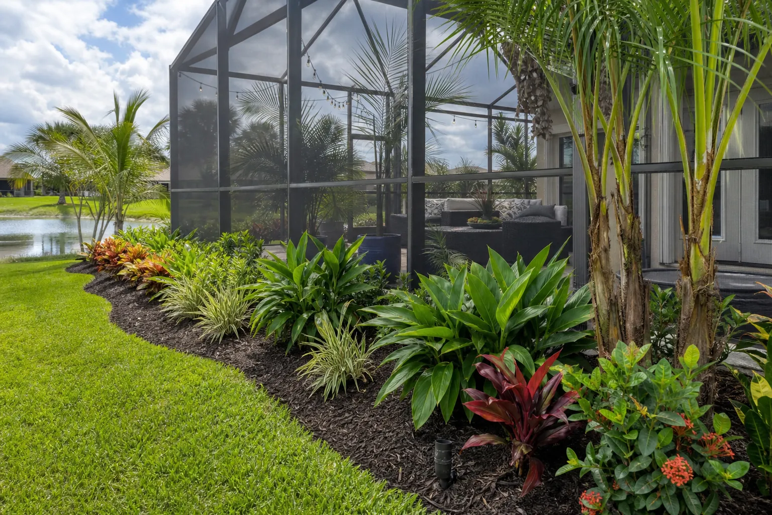 Landscaping around screen enclosures in Florida Editorial illustration of Landscaping around screen enclosures in Florida