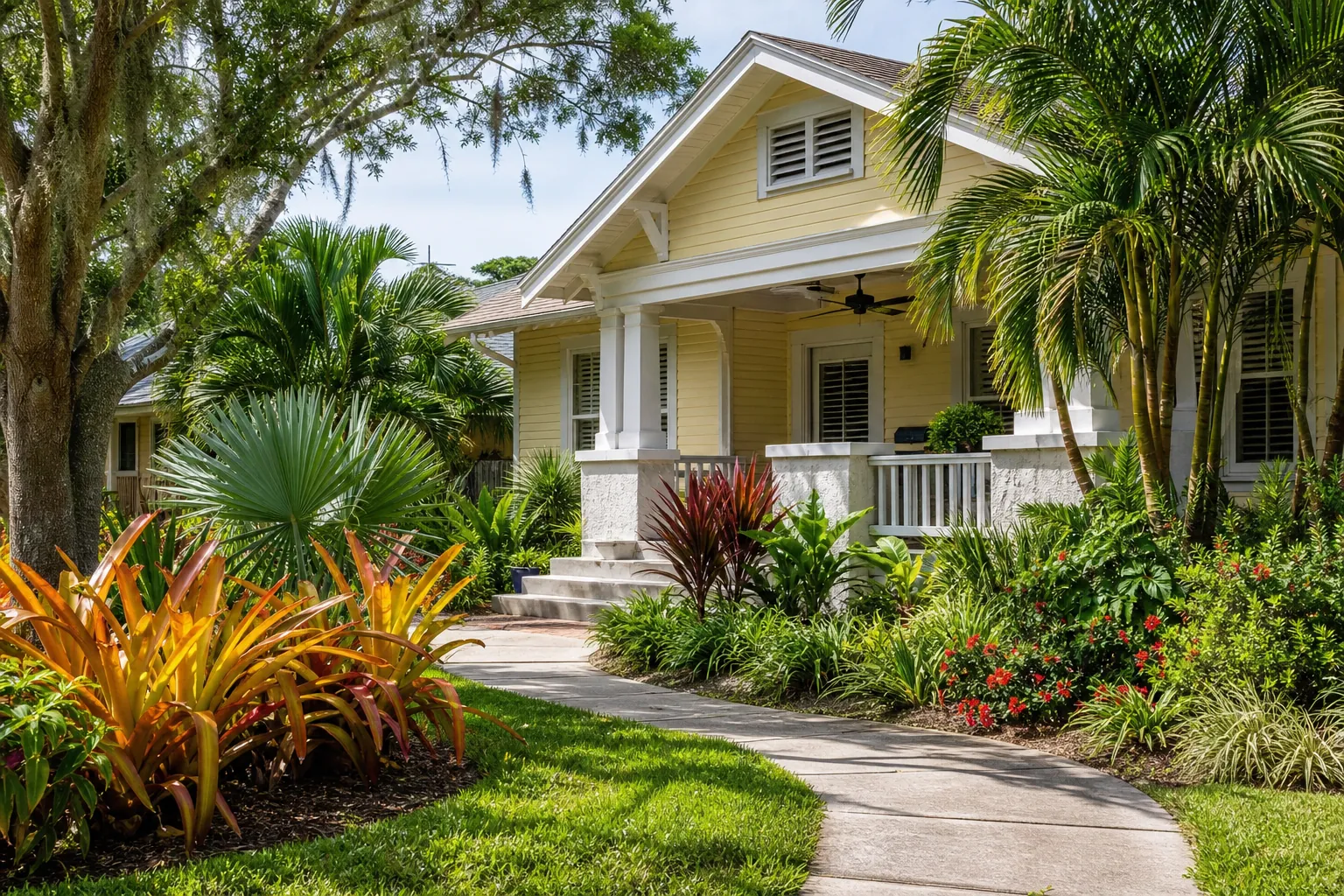 Florida bungalow with lush tropical landscaping (2) Yellow Florida bungalow with a shaded porch, curved walkway, palms, bromeliads, and lush tropical garden beds
