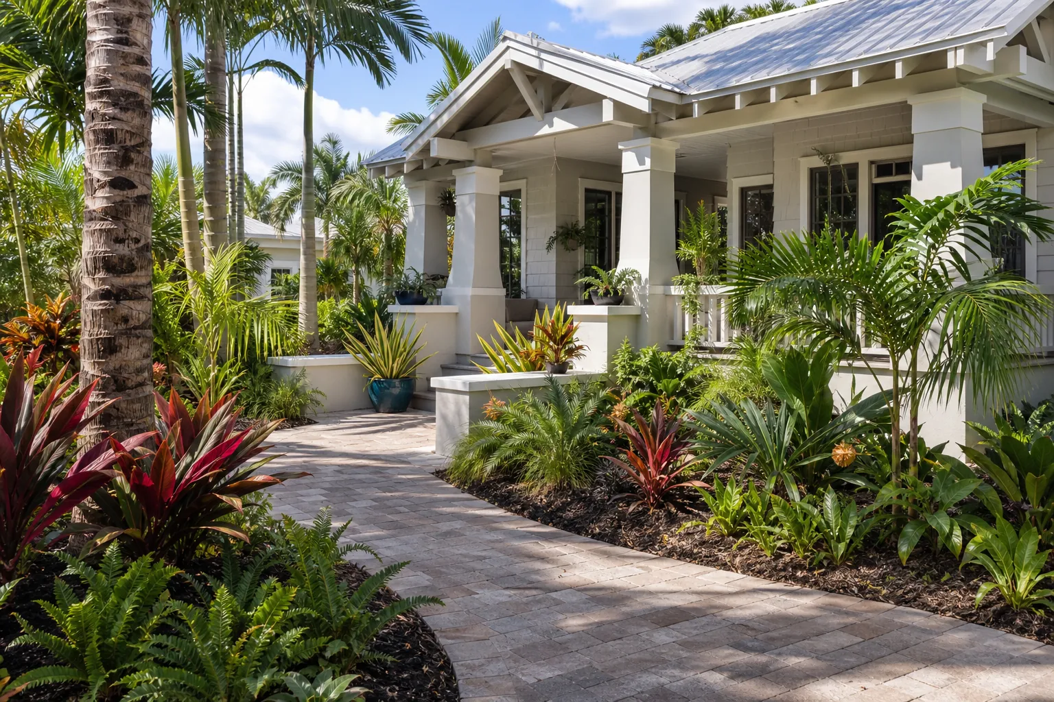 Tropical landscaping around a white Florida bungalow White Florida bungalow with a metal roof, shaded porch, paved walkway, palms, ferns, and colorful tropical landscaping.