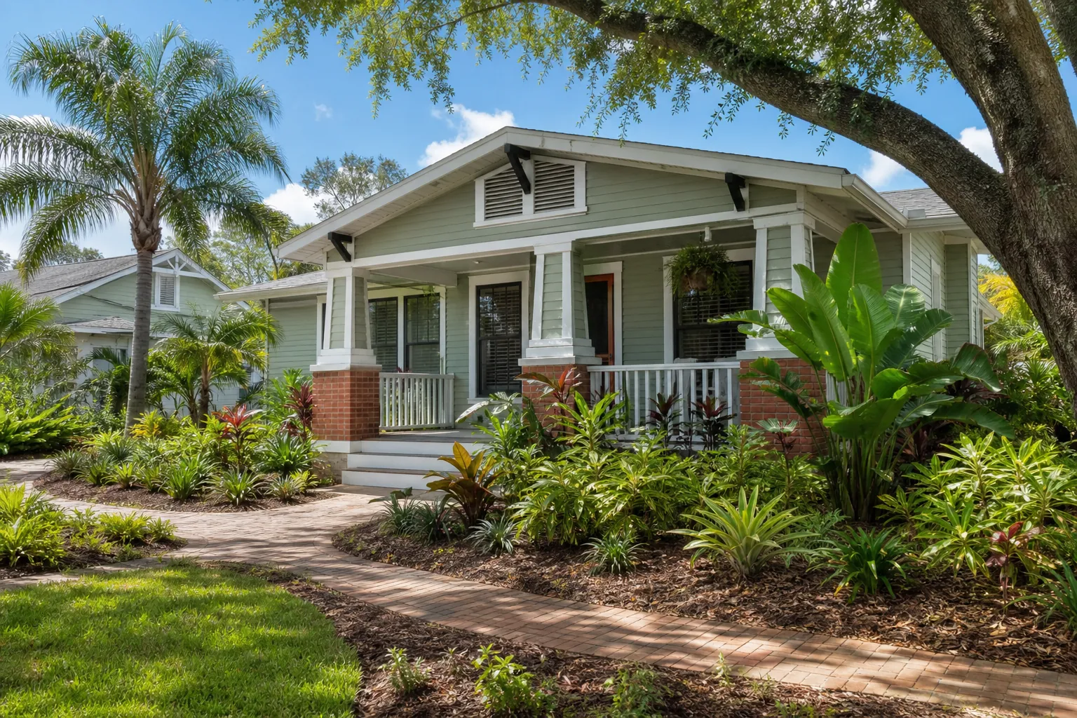 Florida bungalow with lush tropical landscaping Green Florida bungalow with a covered porch, brick walkway, palms, and dense tropical landscaping.