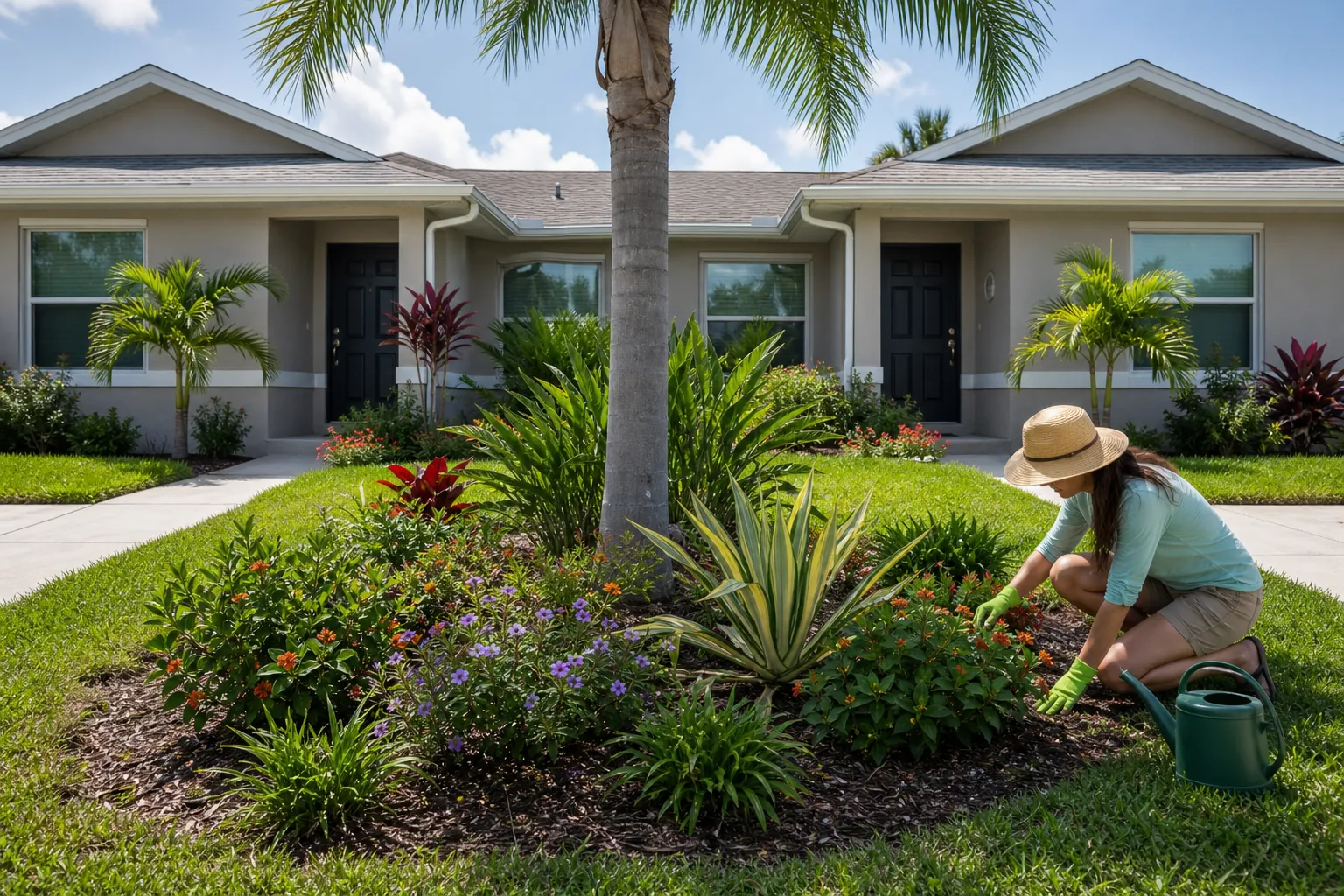 Gardener Tending Florida-Friendly Plants at a Duplex A gardener tends a colorful, mulched tropical planting bed in front of a symmetrical Florida duplex.
