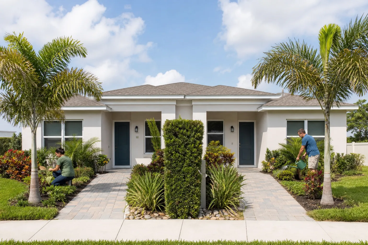 Balanced Tropical Landscaping at a Florida Duplex Two people tend mirrored tropical gardens along separate walkways leading to a white Florida duplex.