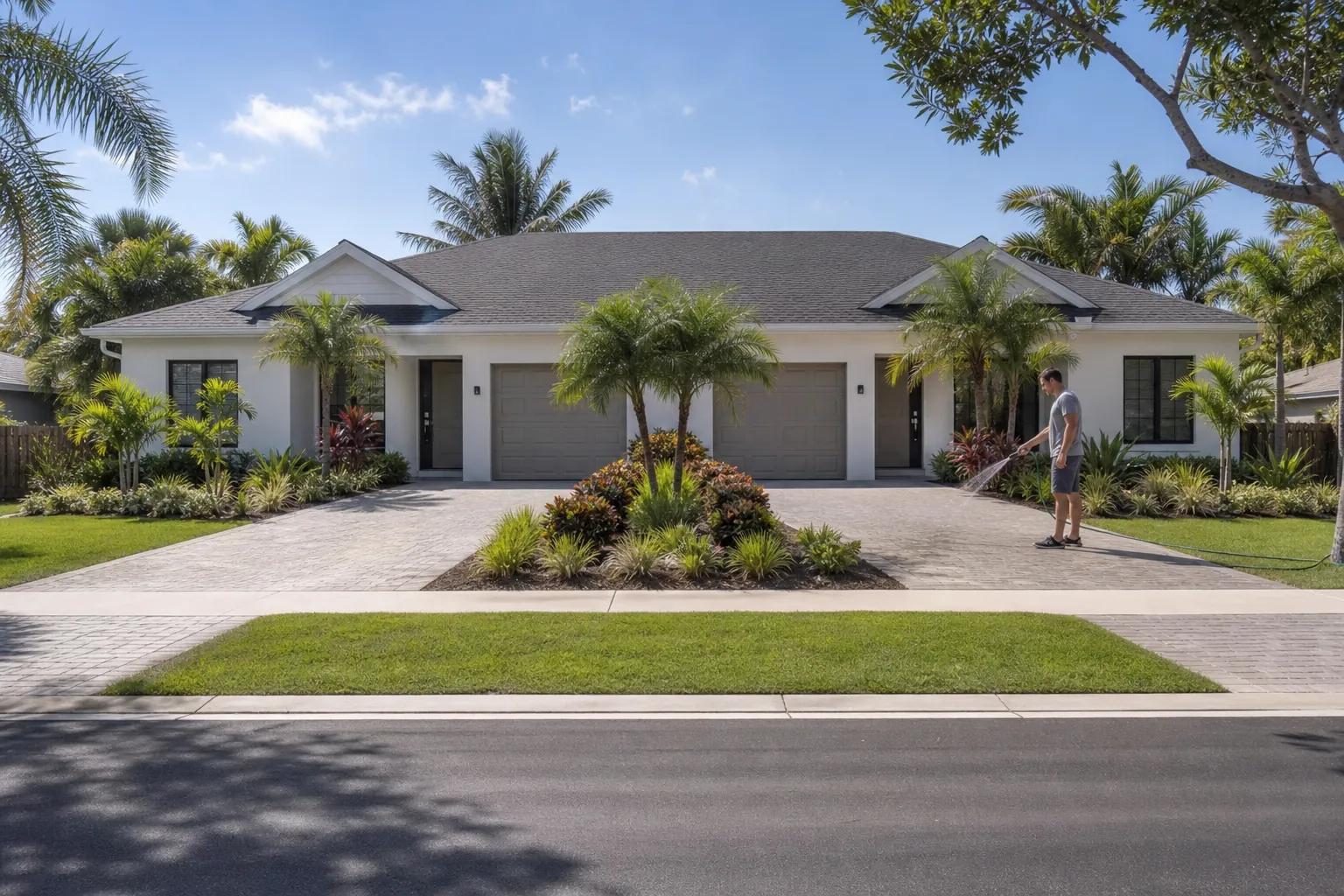 Unified Tropical Landscaping for a Florida Duplex Symmetrical Florida duplex with matching tropical landscaping and a man watering plants beside one driveway.