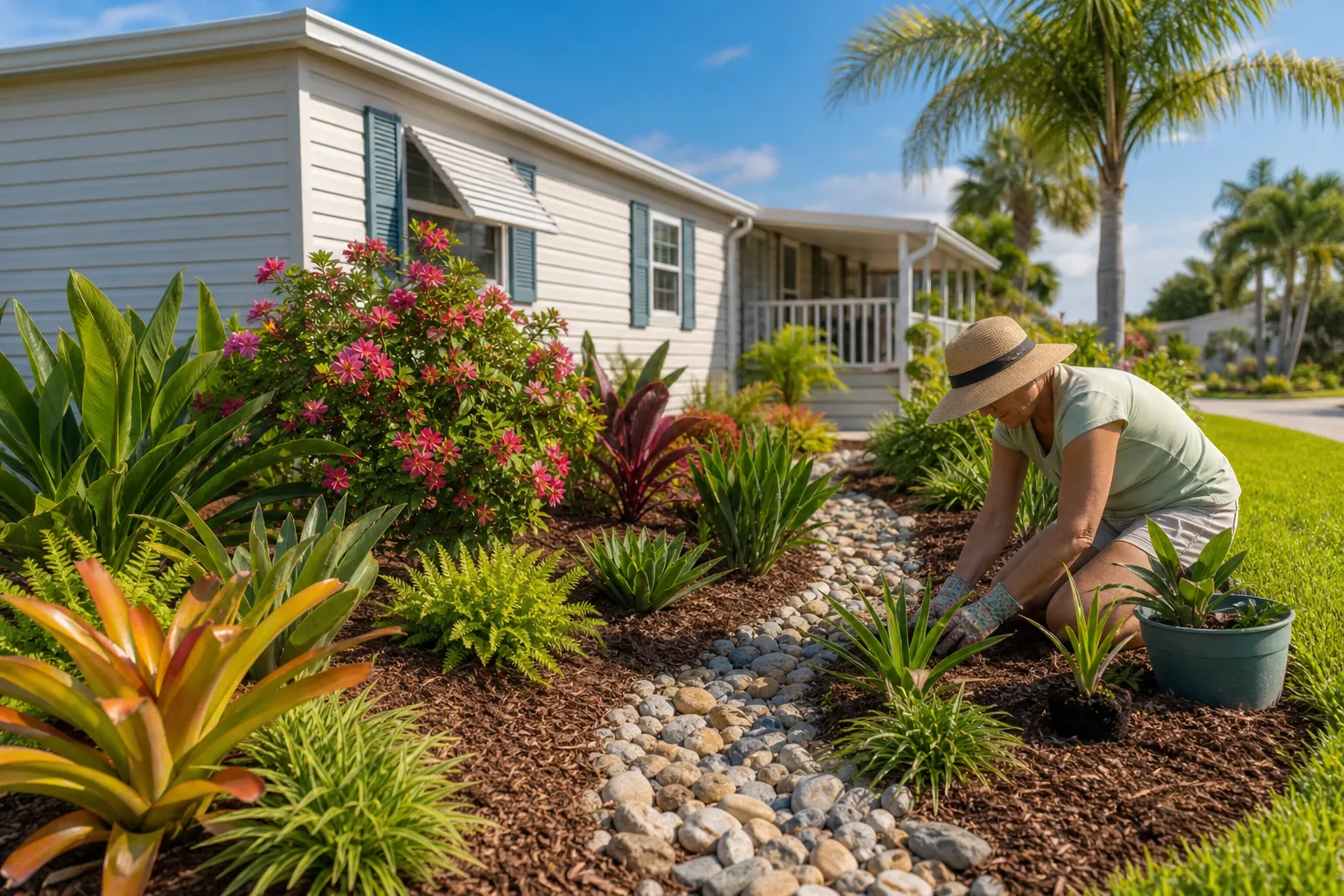 Florida-Friendly Garden Beside a Mobile Home Woman tending tropical flowering plants and mulch beside a stone-lined bed at a Florida mobile home.