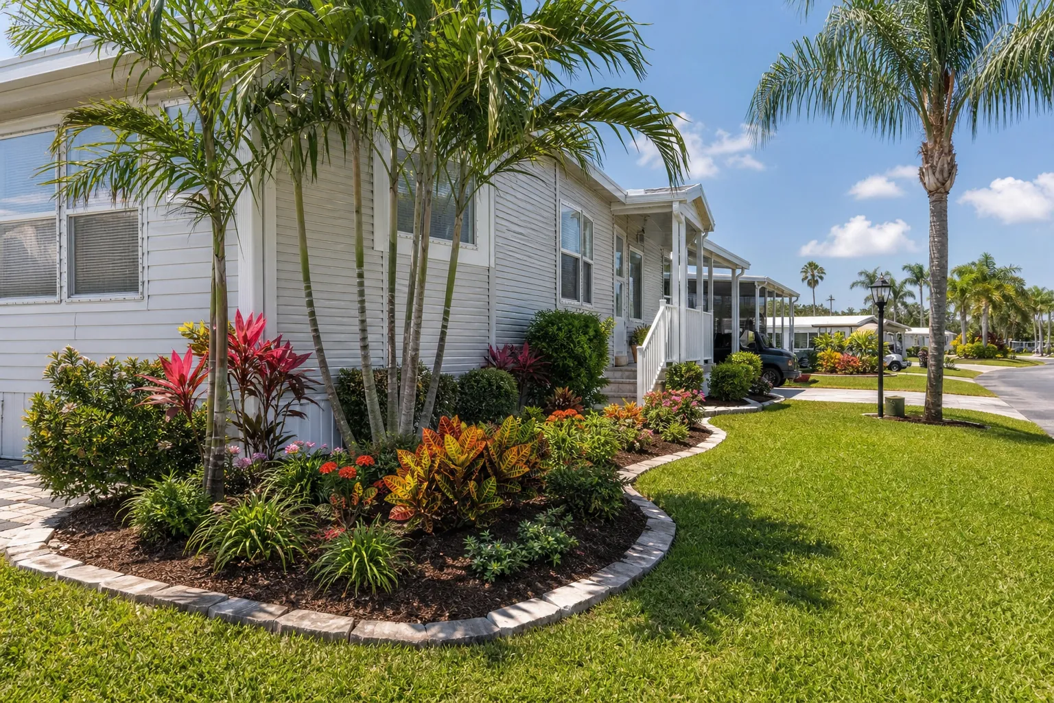 Tropical landscaping around a Florida mobile home White Florida mobile home with palm trees, a curved flower bed of tropical plants, and a neatly trimmed lawn.