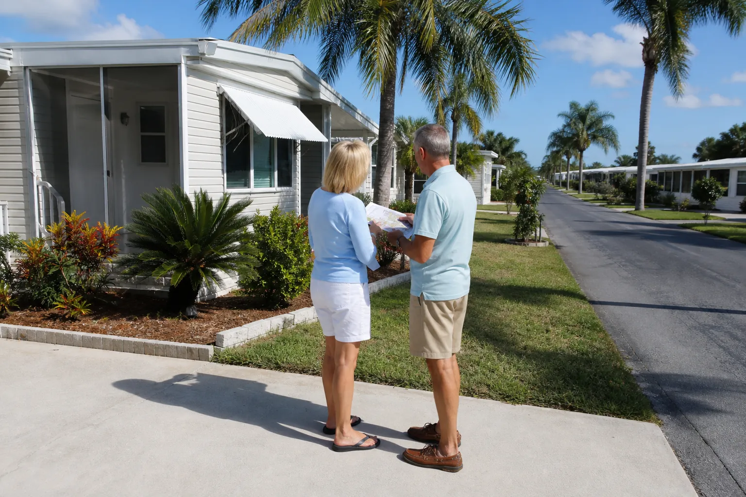 Couple reviewing plans outside a Florida mobile home A couple reviews a paper beside a landscaped mobile home on a palm-lined street in a sunny Florida community.