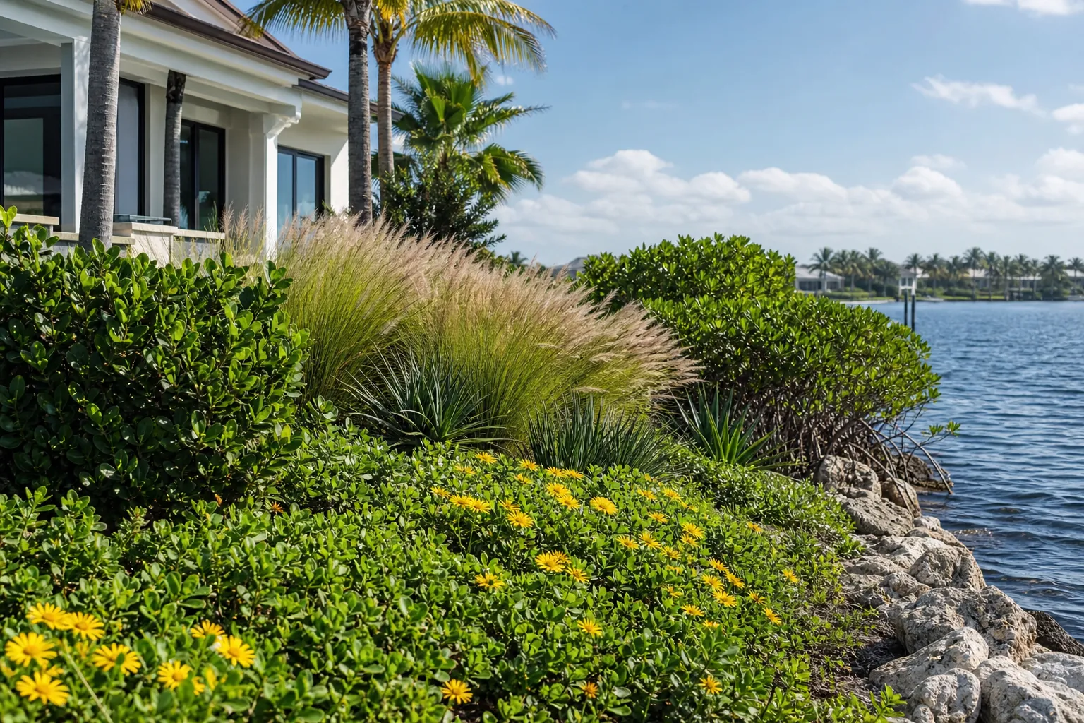 Layered Landscaping at a Florida Waterfront Home Layered tropical shrubs, ornamental grasses and yellow flowers border a Florida waterfront home beside a rocky shore.