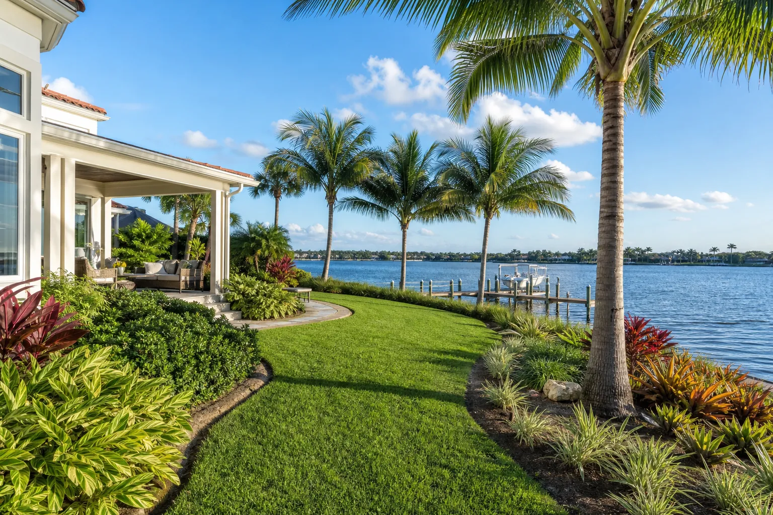 Tropical Landscaping at a Florida Waterfront Home Lush tropical landscaping, palm trees and a manicured lawn beside a Florida waterfront home and dock.