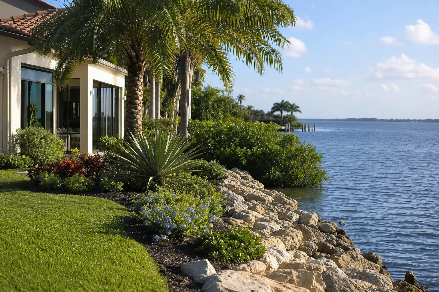 Landscaping at a Florida Waterfront Home Florida waterfront home with palm trees, manicured lawn, tropical shrubs, flowers, and a rocky shoreline.
