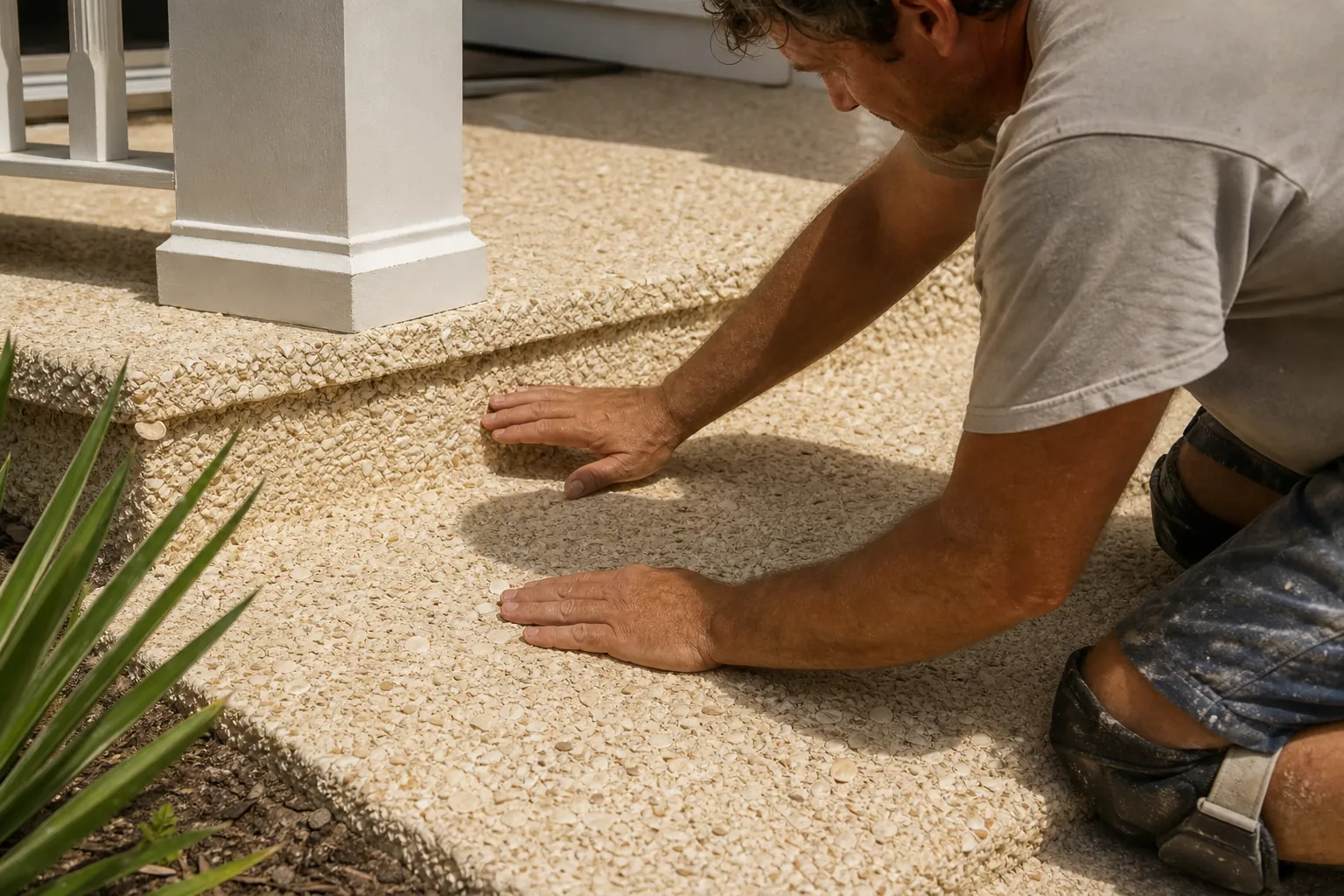 Man Examining a Shell Aggregate Porch Surface A kneeling man rests both hands on a pale shell aggregate porch surface beside a matching step and white column.