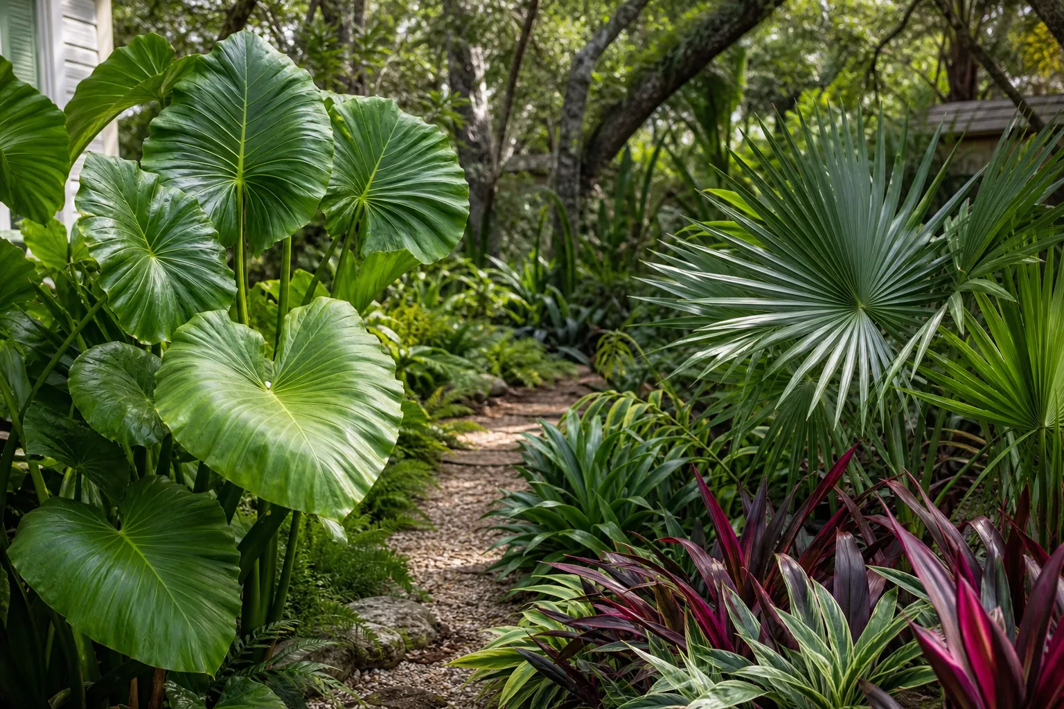 Bold Tropical-Looking Foliage Along a Garden Path Lush garden path bordered by large elephant ear leaves, fan palms, ferns, and burgundy tropical foliage.
