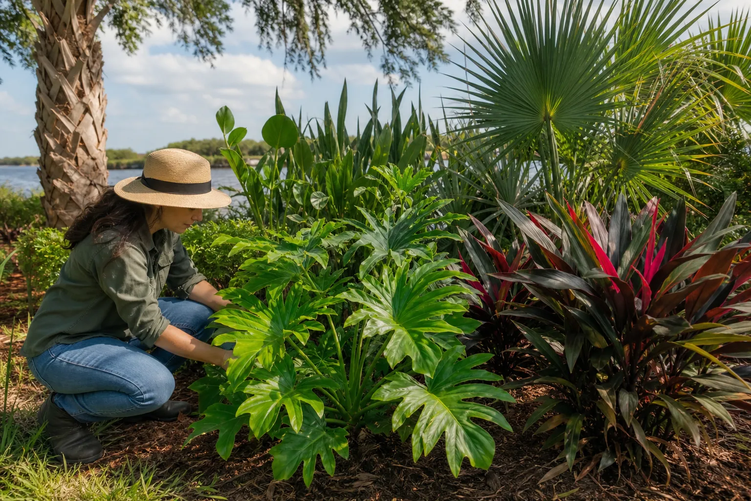 Gardener Tending Tropical-Looking Plants by a Waterway A gardener tends lush tropical-looking foliage beside palms and red-leaved plants near a sunny Florida waterway.