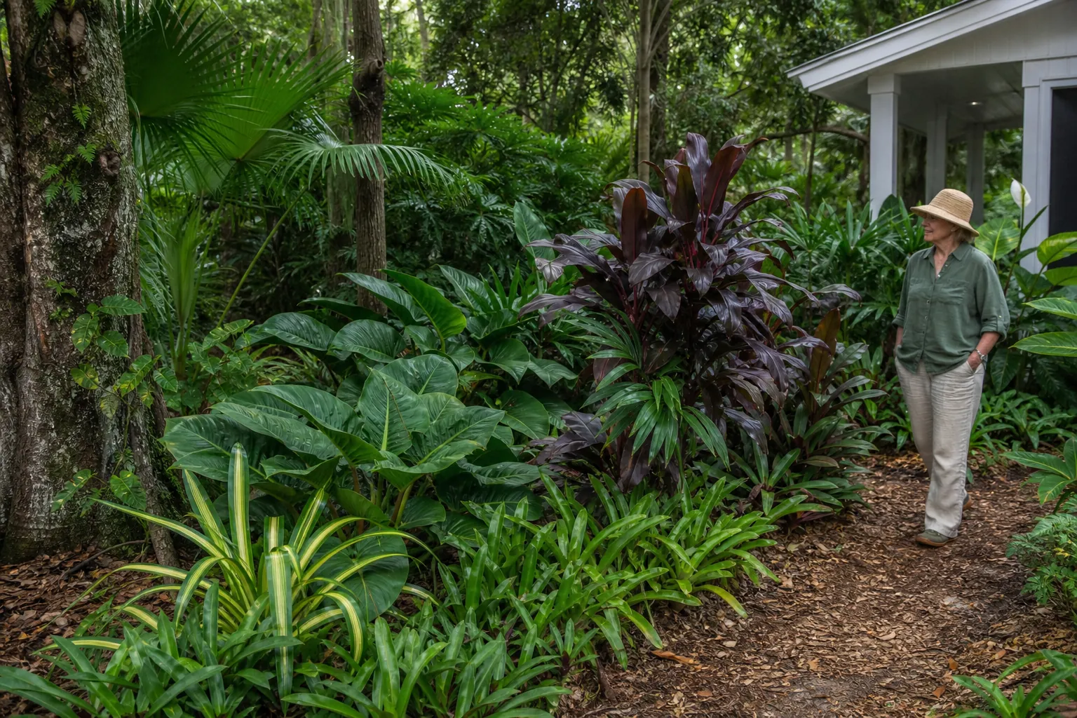 Tropical-Looking Native Plants in a Shaded Garden A woman in a sun hat walks through a shaded garden filled with palms and broad-leaved tropical-looking plants.
