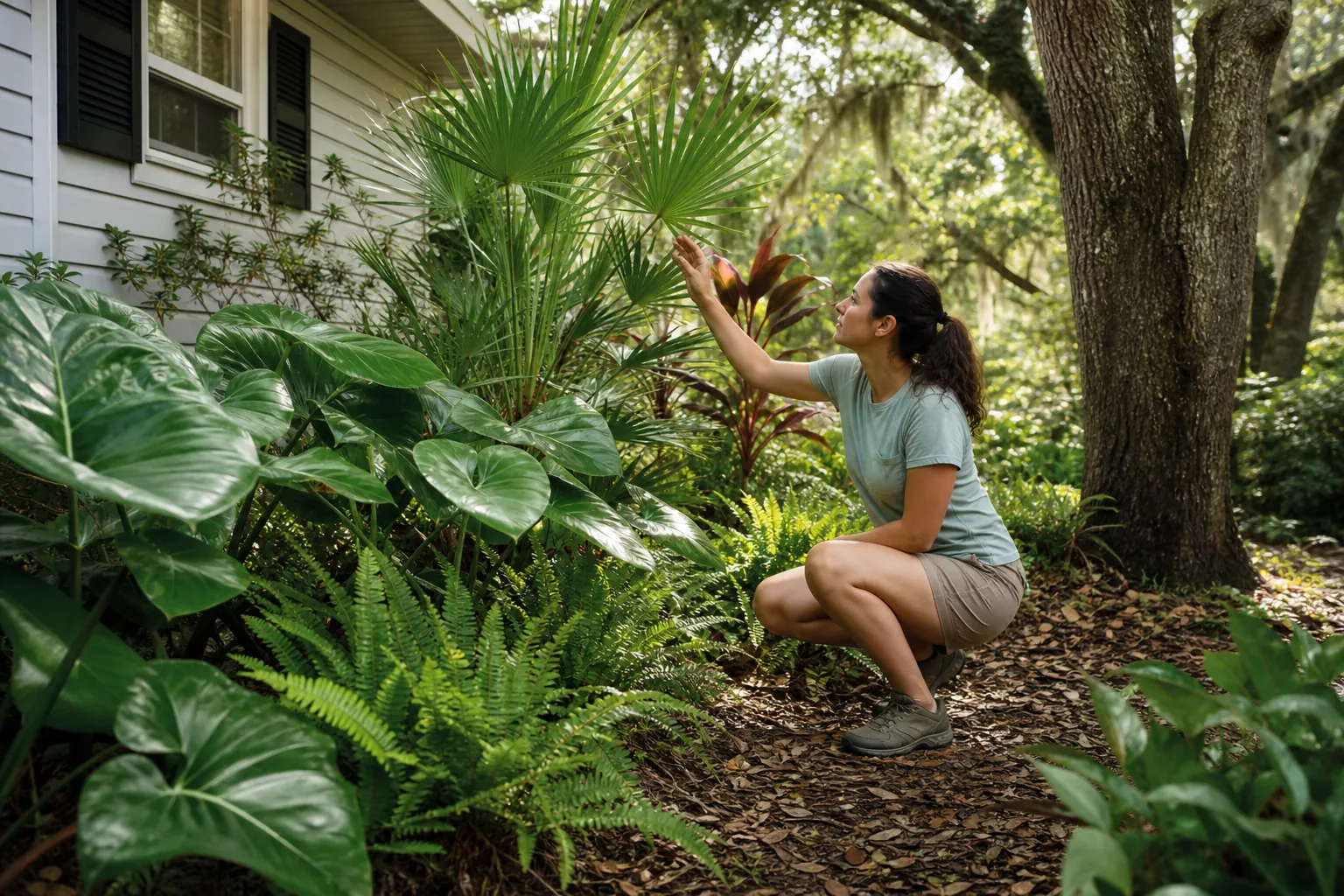 Examining Tropical-Looking Plants in a Shaded Garden A woman examines palm foliage among broad-leaved plants and ferns in a shaded garden beside a house.