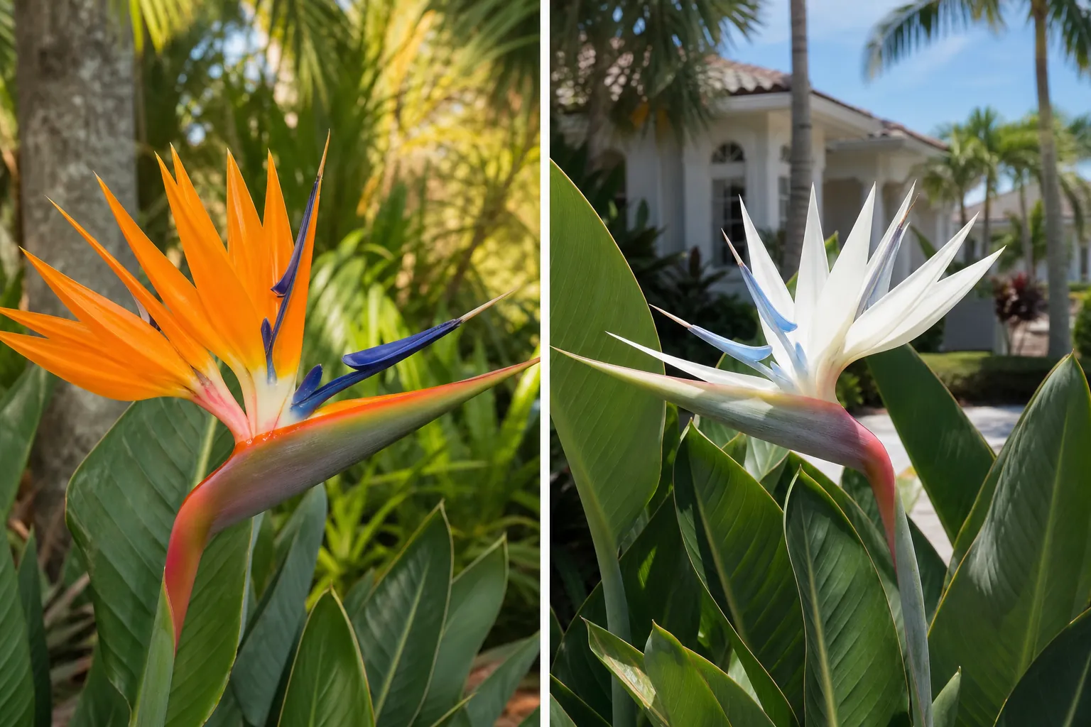 Orange and White Bird of Paradise Flowers in Florida Orange and white bird of paradise flowers shown side by side in lush tropical Florida landscaping.