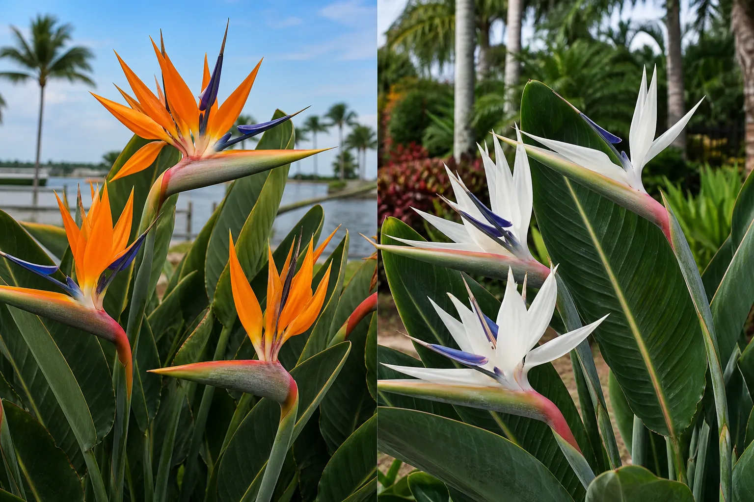 Orange and White Bird of Paradise Flowers Compared Orange and white bird of paradise flowers shown side by side among broad green leaves in a tropical Florida landscape.