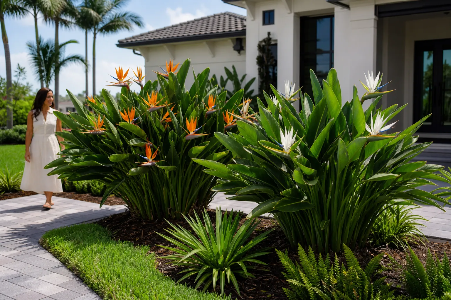 Orange and White Bird of Paradise in a Florida Landscape Orange and white bird of paradise plants in a landscaped bed outside a modern Florida home, with a woman walking nearby.