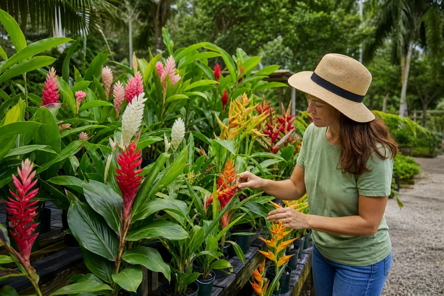 Comparing Colorful Ornamental Ginger Plants at a Nursery Woman in a sun hat compares potted ornamental ginger plants with red, pink, white, and orange blooms at a nursery.