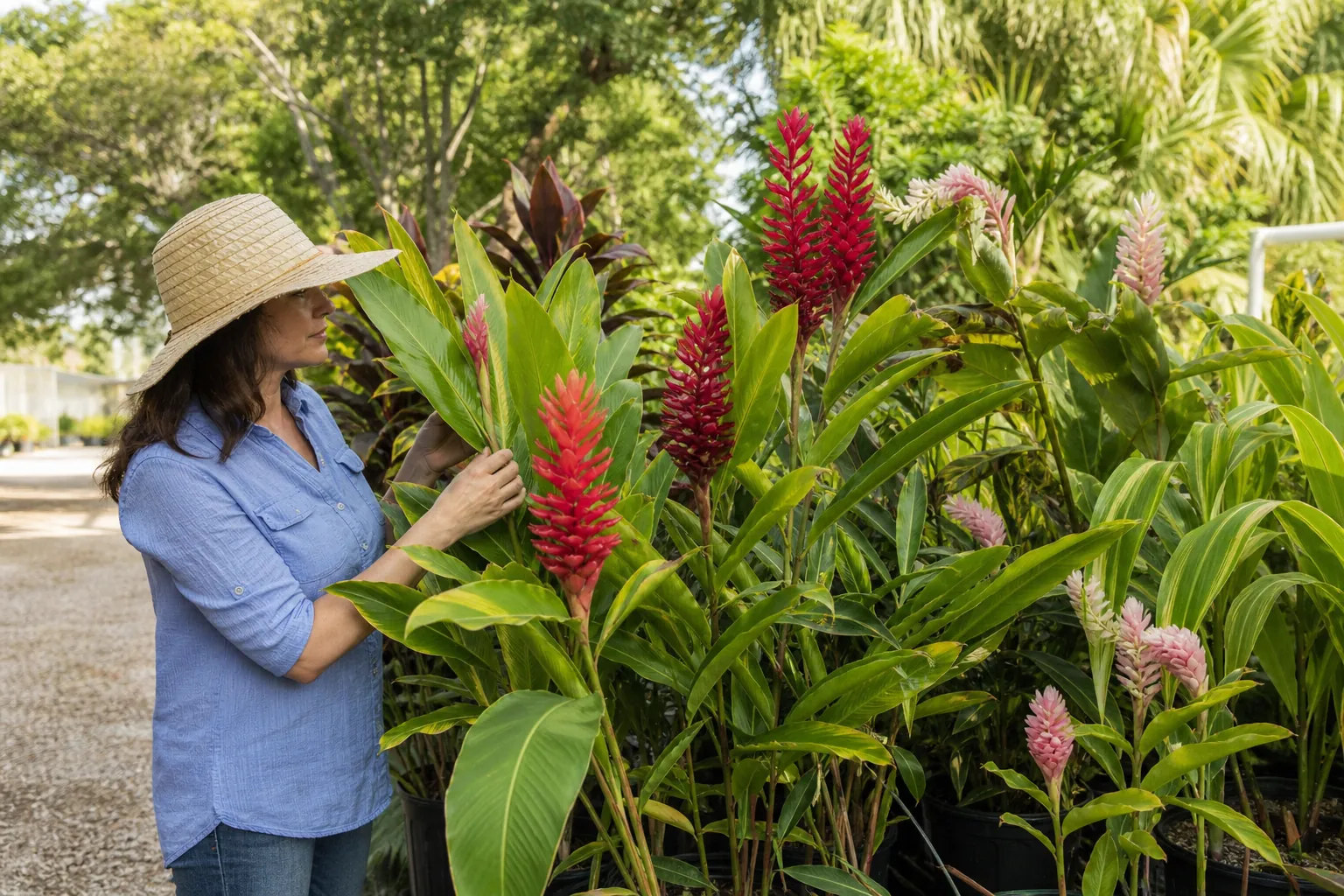 Woman Choosing Ornamental Ginger Plants at a Nursery Woman in a sun hat examines potted ornamental ginger plants with red and pink flower spikes at a nursery.