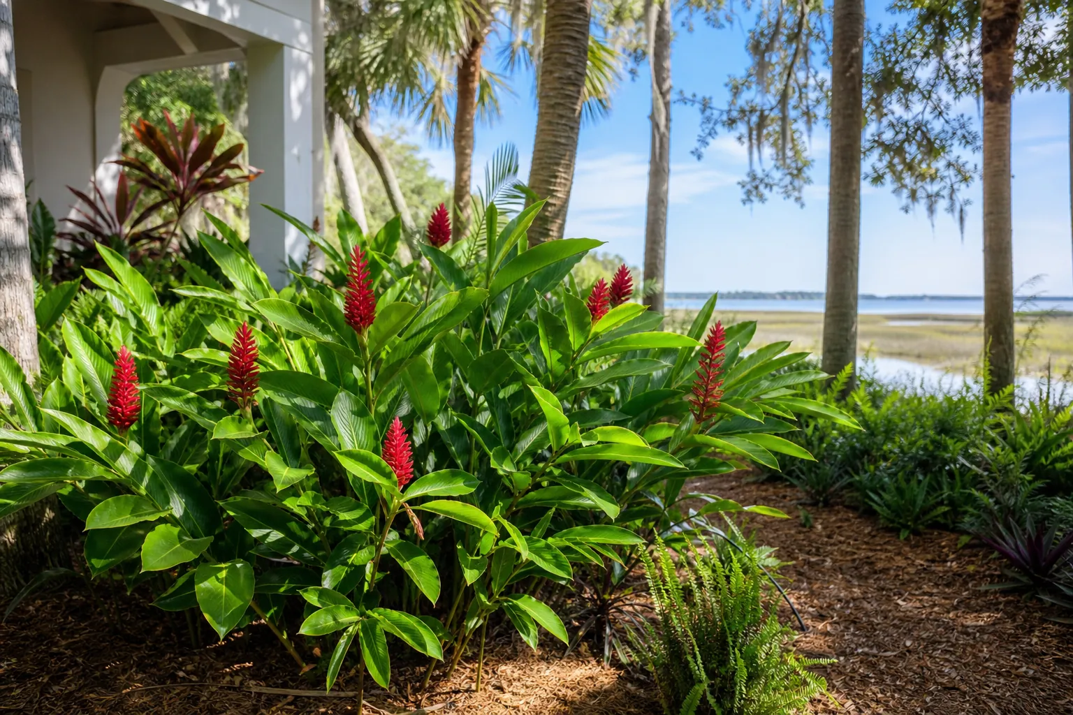 Ornamental Ginger in a Northeast Florida Coastal Garden Red ornamental ginger plants growing in a mulched, partly shaded coastal garden among palms beside a house.
